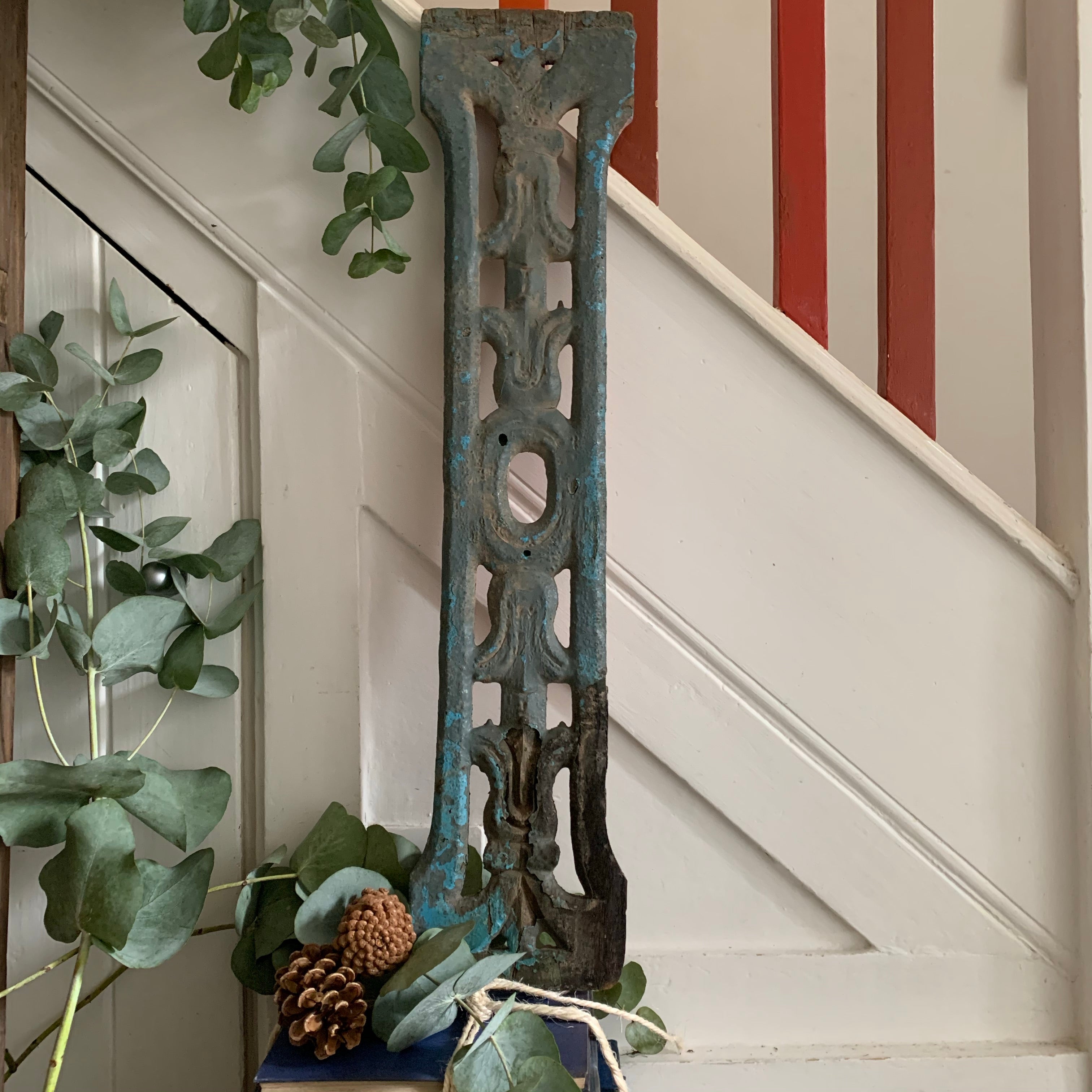 Hand-Carved Decorative Wood Panel with Turquoise Paint