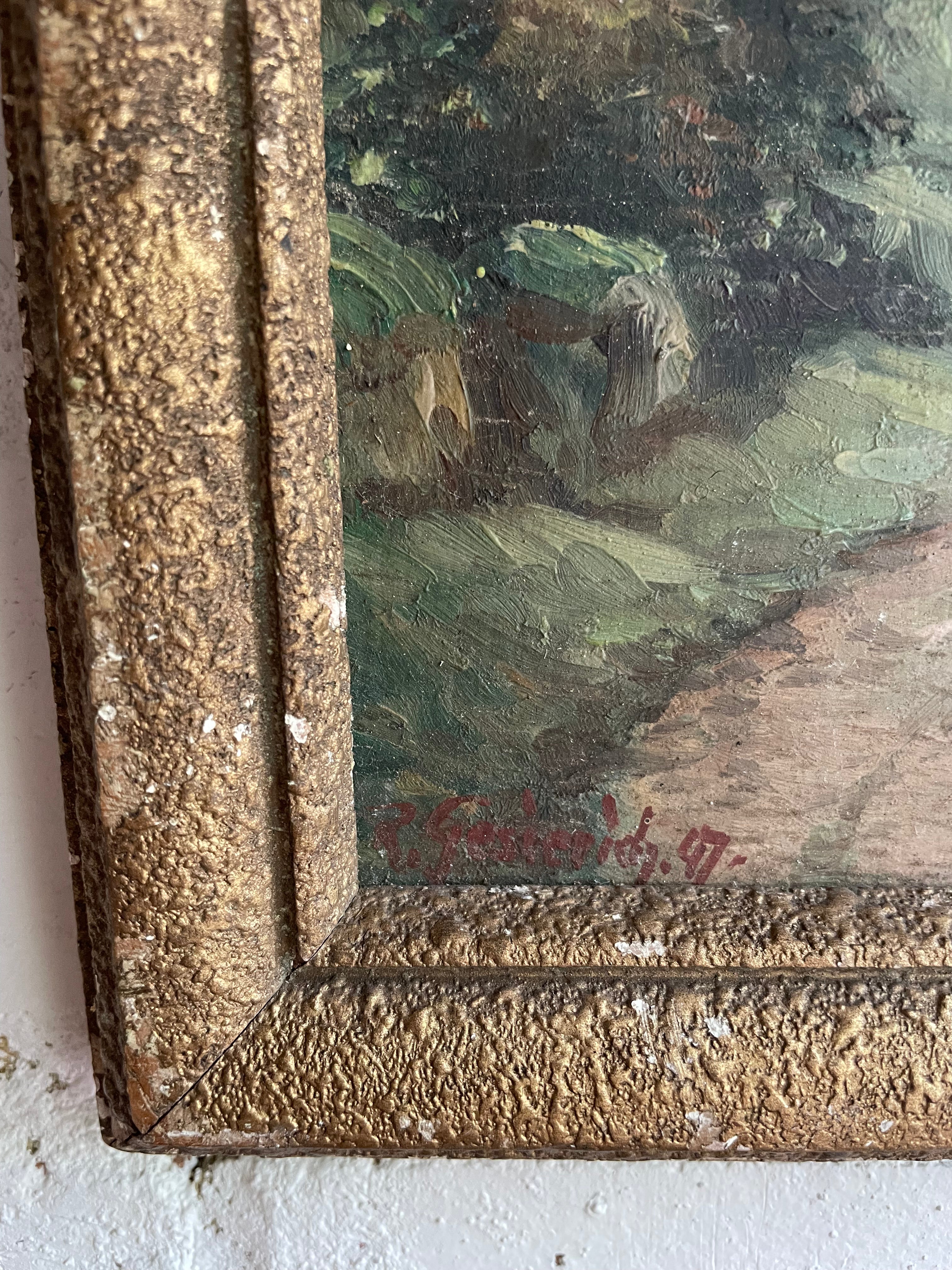 A Welsh Stream: Small Antique Signed Oil on Wood