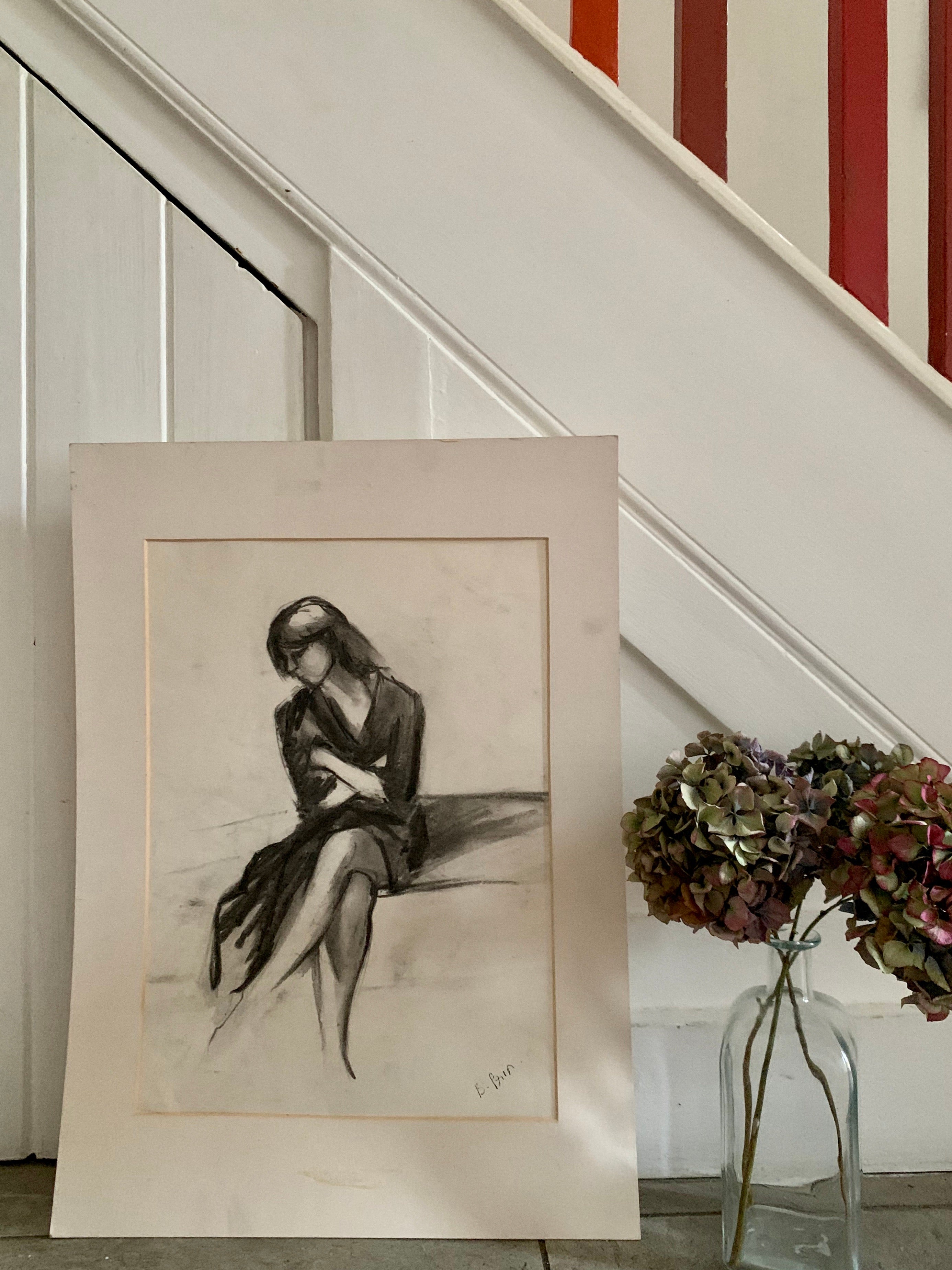 Original Charcoal Portrait - Woman with crossed arms & legs