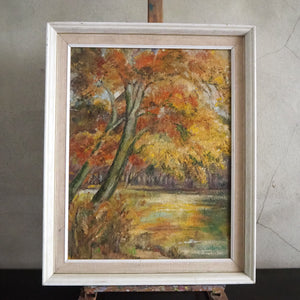Ochre Treescape: Midcentury Oil on Board