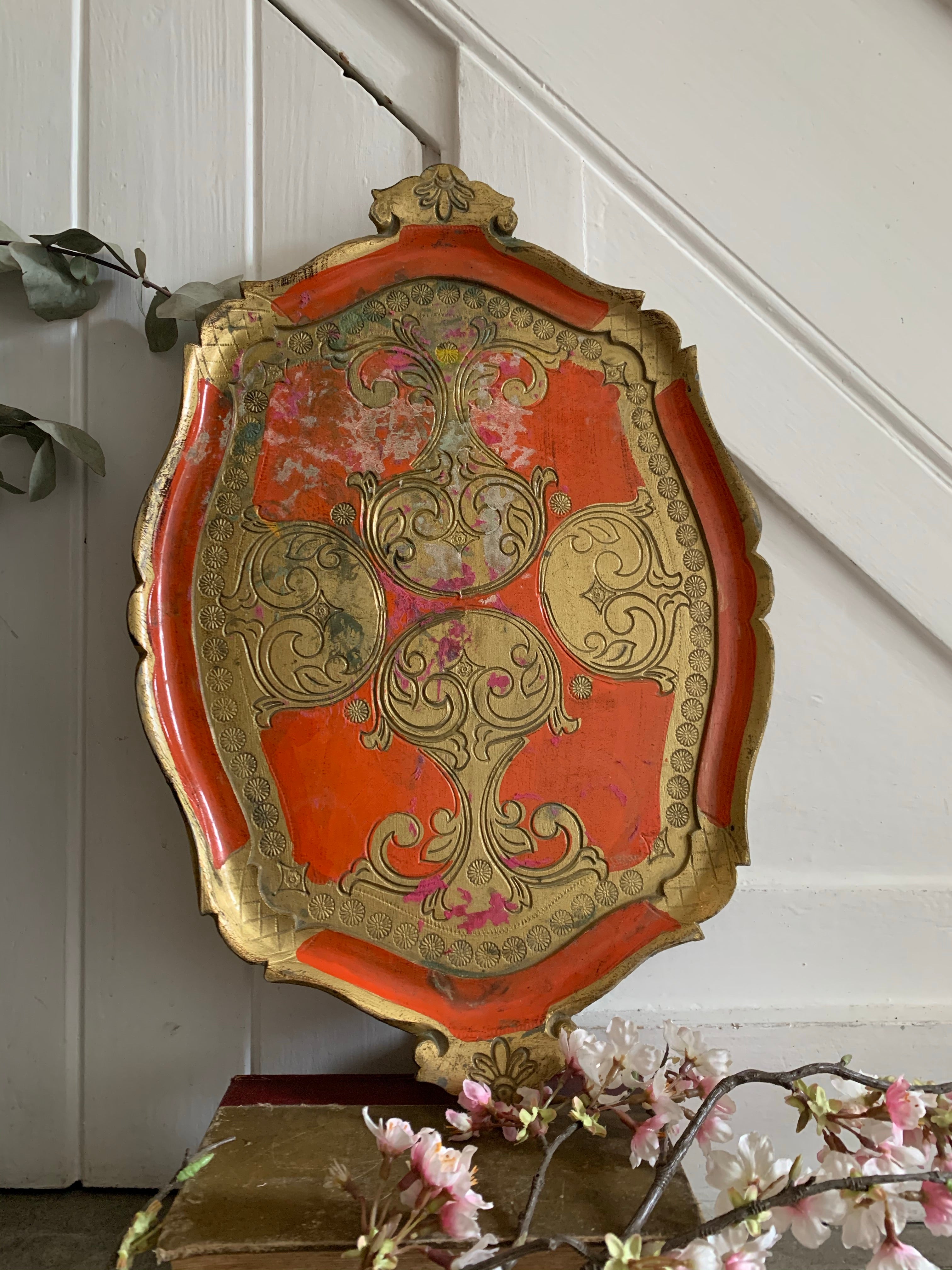 Large Orange and Gold Florentine Tray