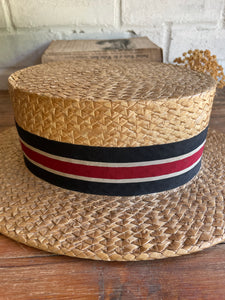 1930s Straw Boater Hat with Grosgrain Ribbon