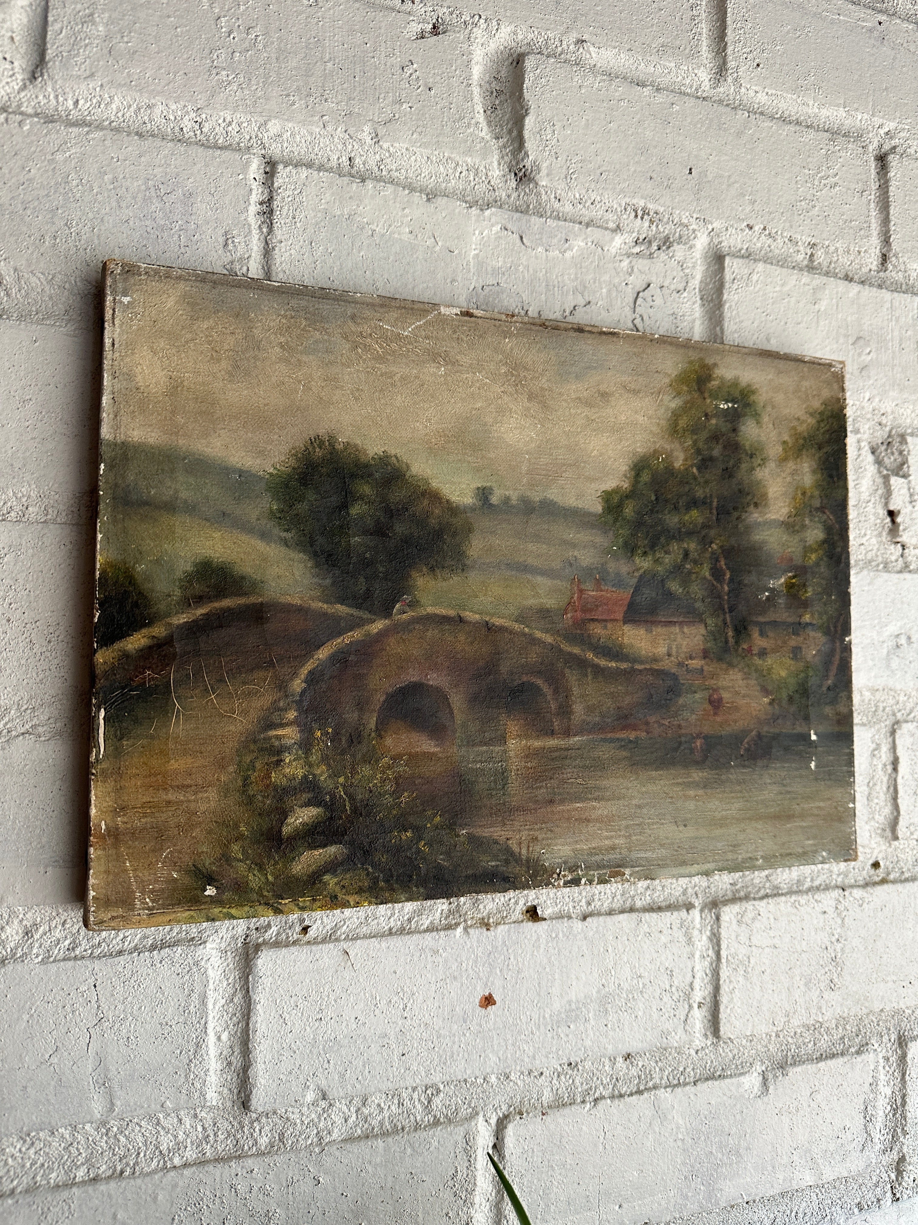 Old Bridge:  Antique Oil on canvas