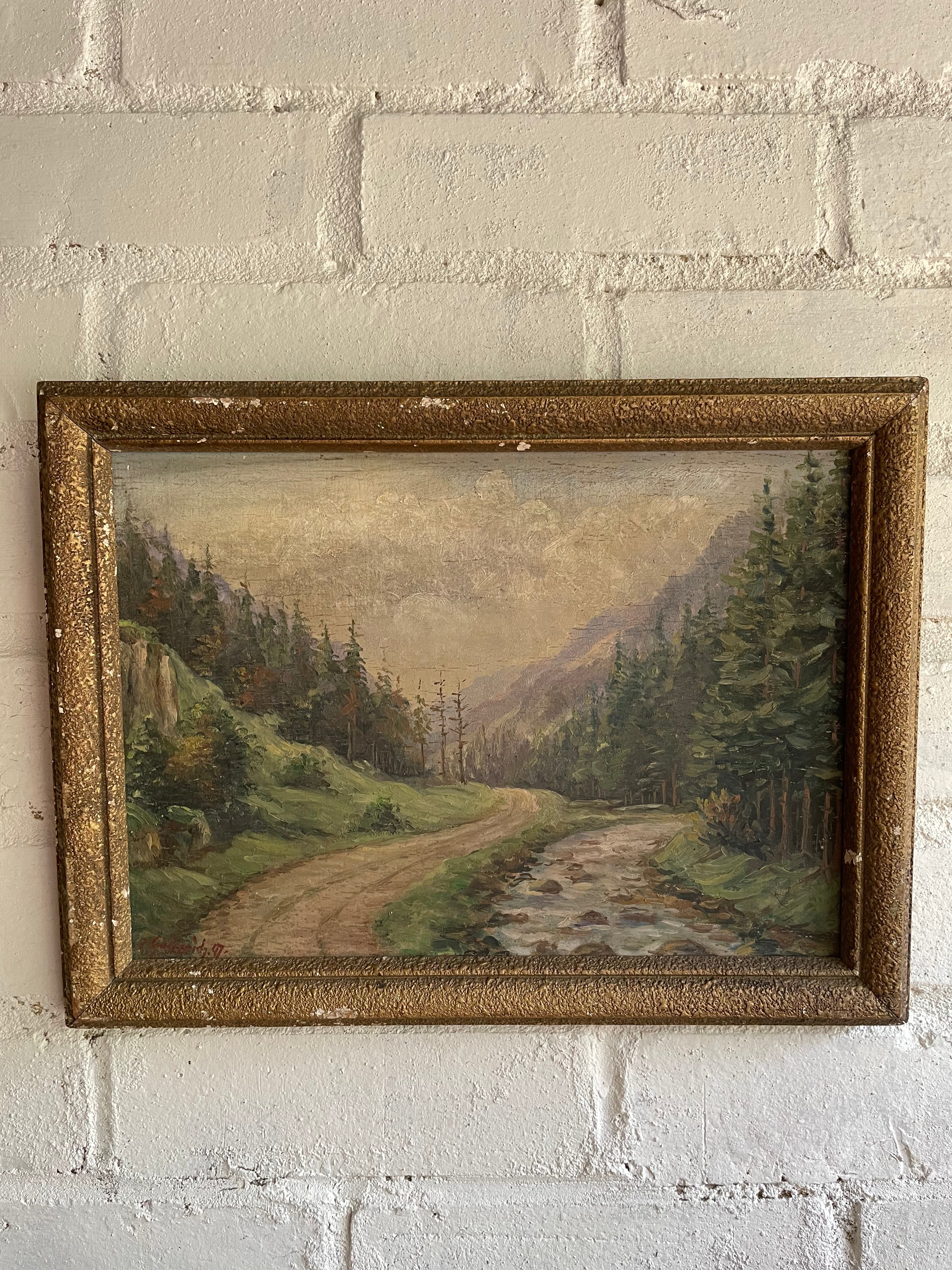 A Welsh Stream: Small Antique Signed Oil on Wood