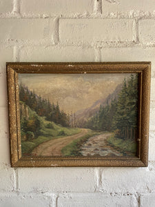 A Welsh Stream: Small Antique Signed Oil on Wood