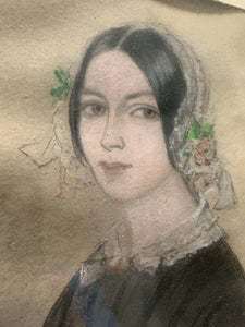 Victorian Gouache Pastel and Pencil Drawing of a Lady