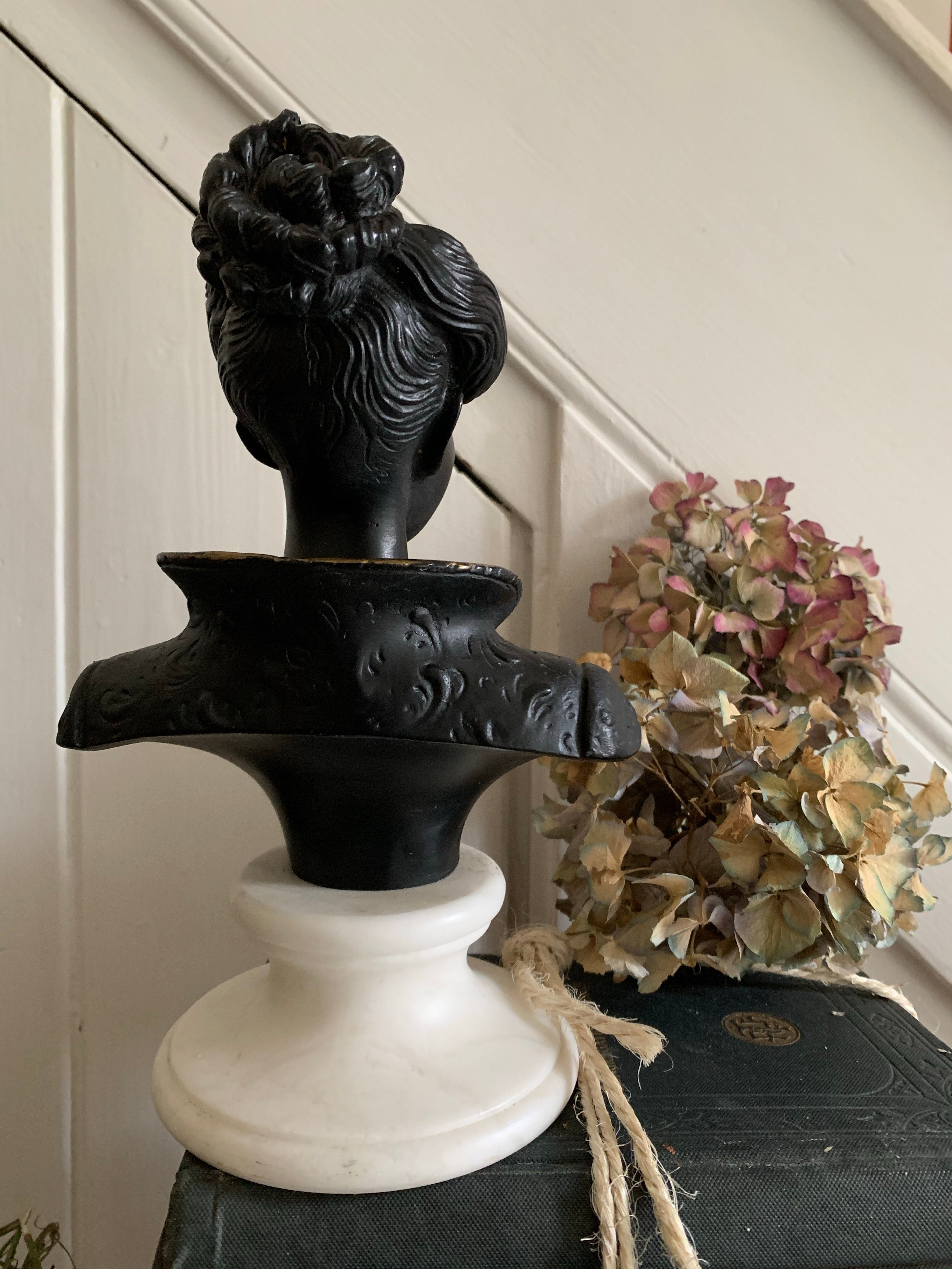 Black Lacquered Bust on Alabaster Base