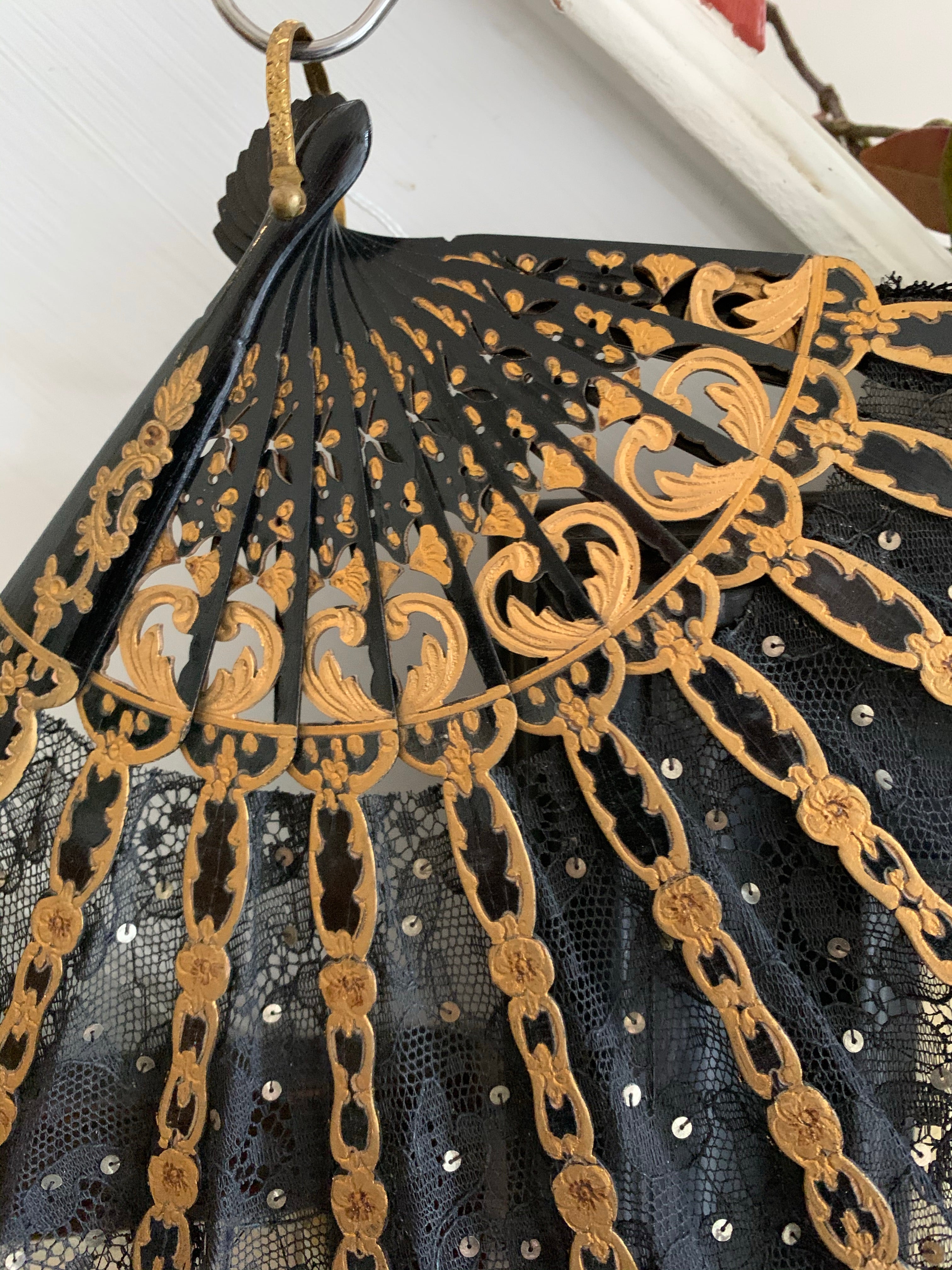 Black Lace, Gold and Sequin Fan