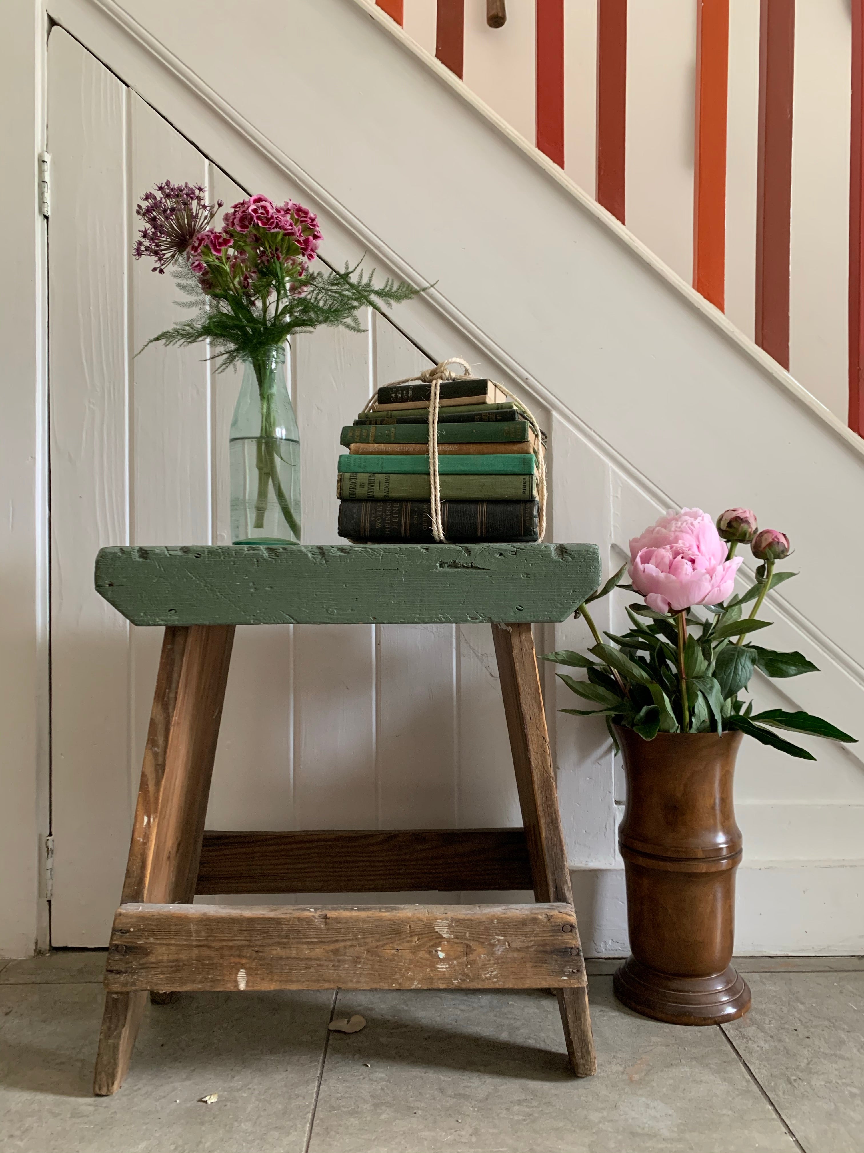 Old Milking Stool with Green Painted Seat