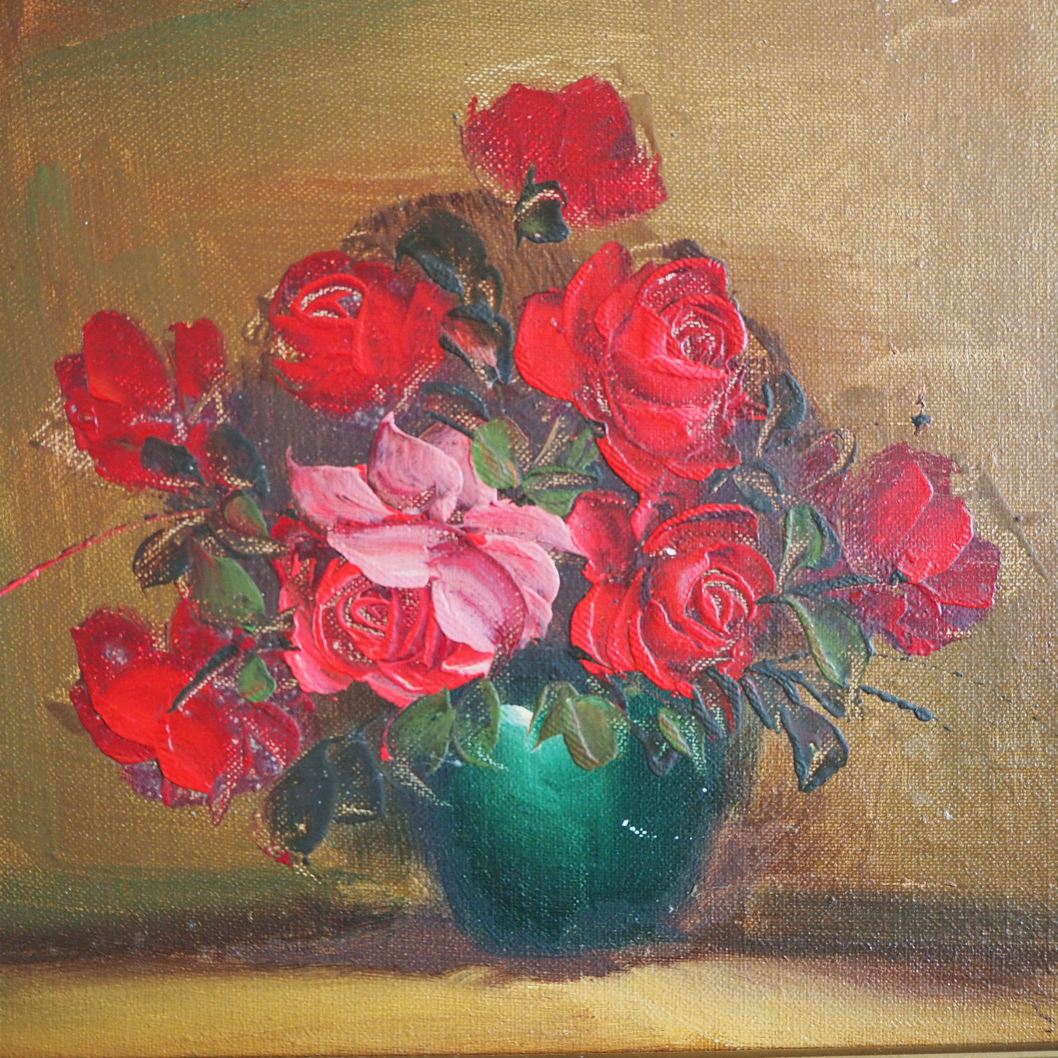 Red Roses: Framed MIdcentury Oil on Board
