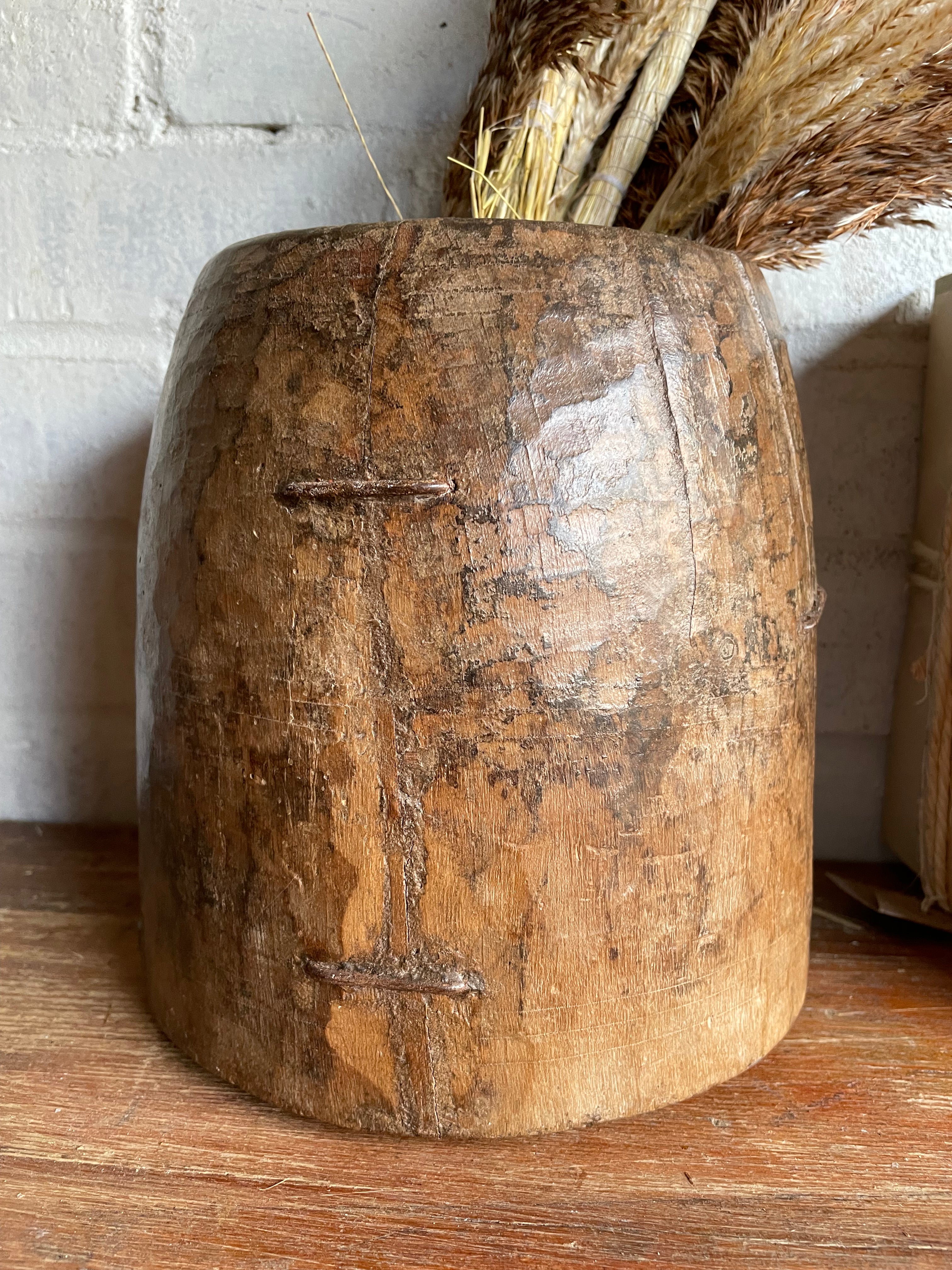 19th Century Indian Hand-Carved Wood Grain Measure Pot