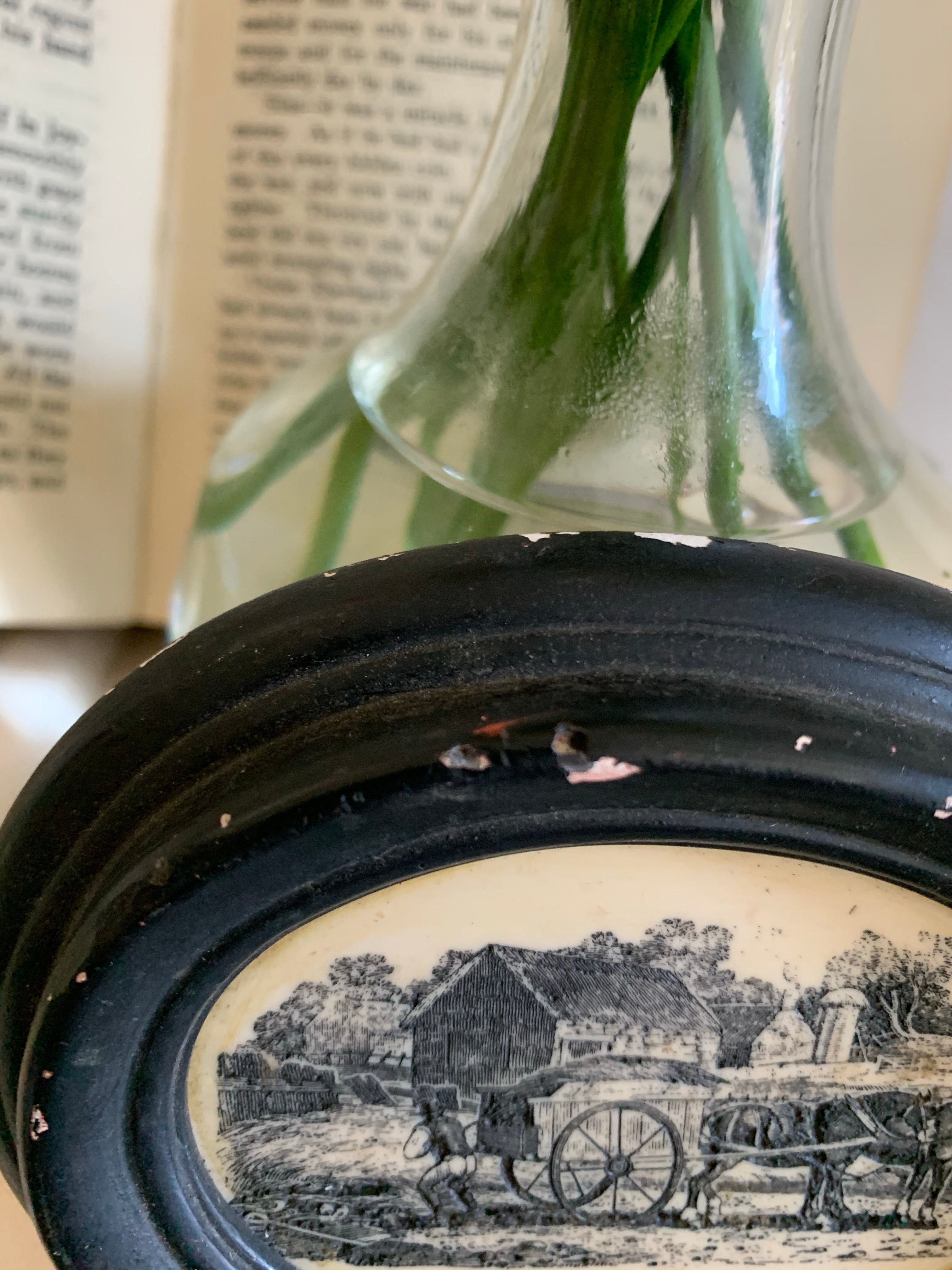 Miniature Oval Etching: Horse & Carriage