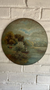 Pair of Antique Oil Paintings on Circular Tin