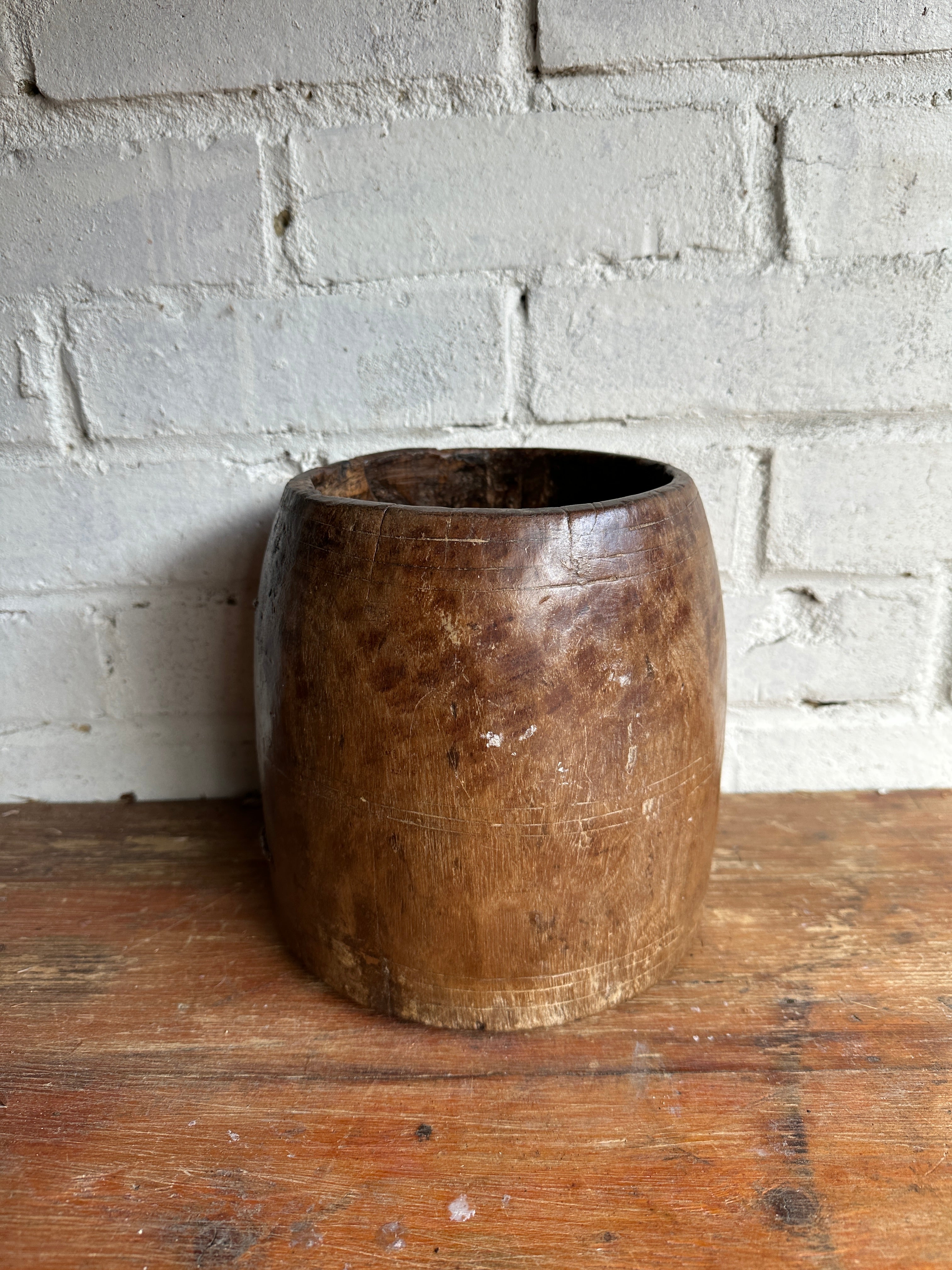 19th Century Indian Hand-Carved Wood Grain Measure Pot