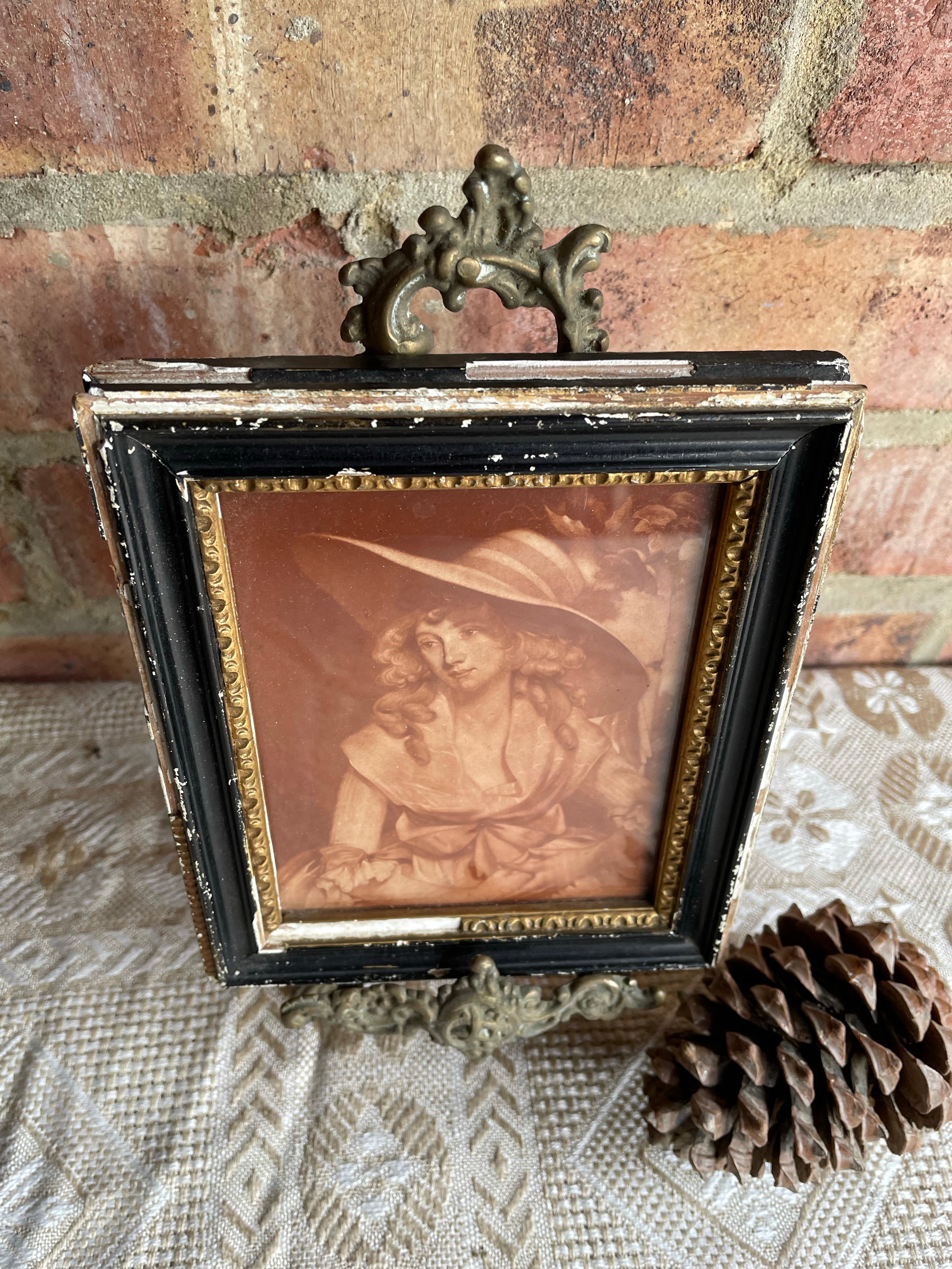 Pair of Tiny 18th Century Framed Mezzotint of Ladies in Hats