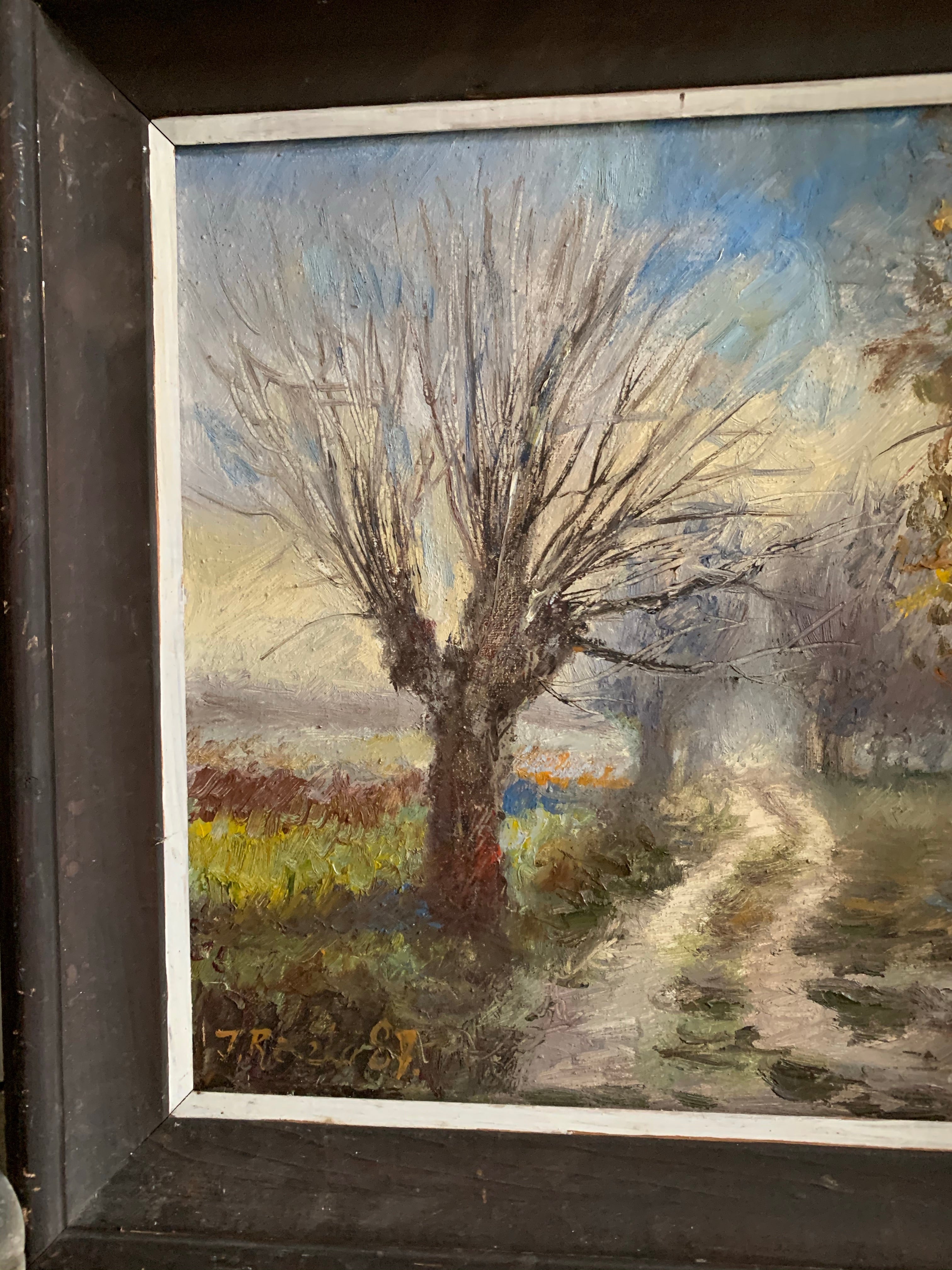 Midcentury Oil on Canvas: A path through the trees