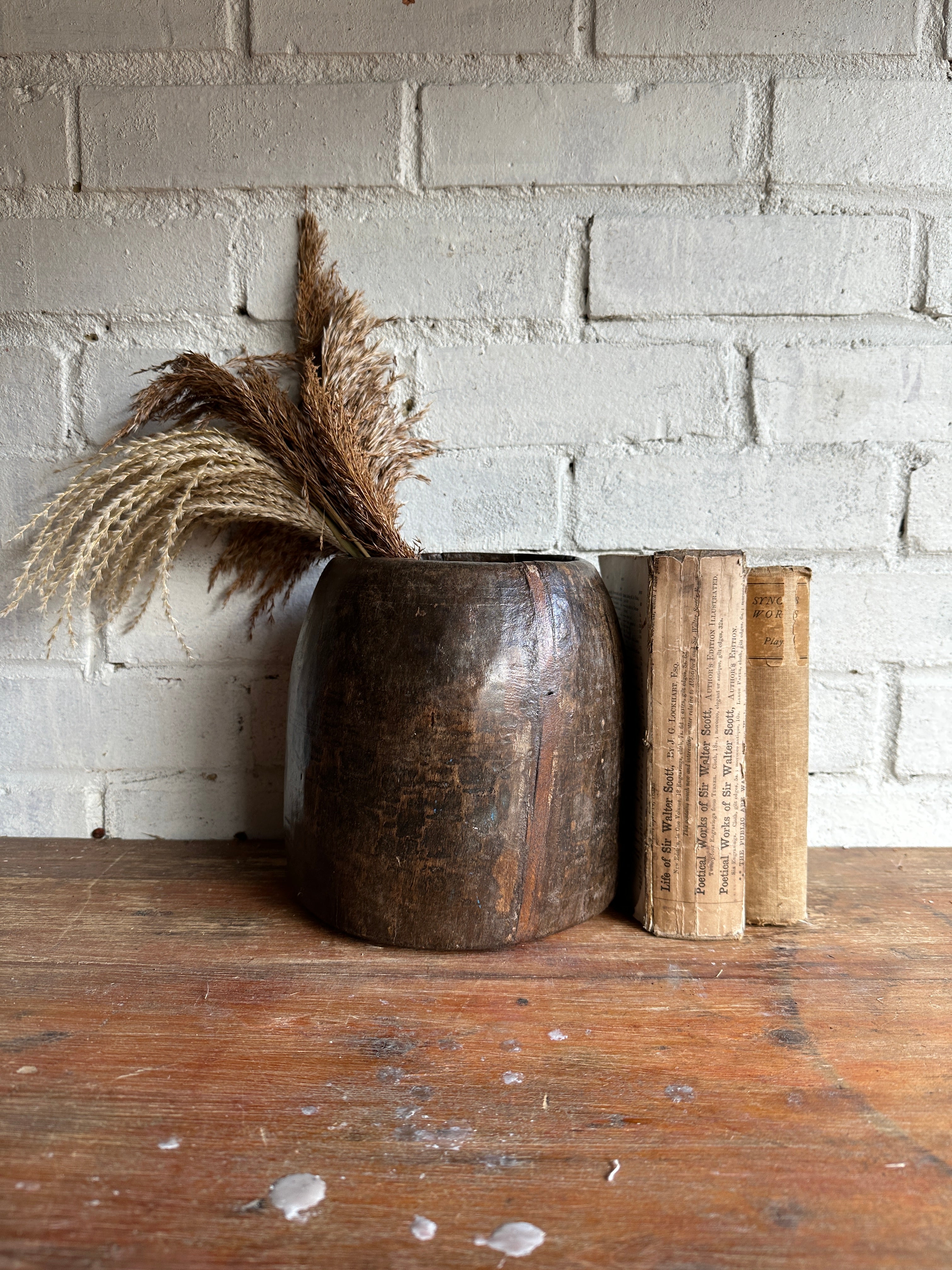 19th Century Indian Hand-Carved Wood Grain Measure Pot