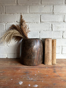 19th Century Indian Hand-Carved Wood Grain Measure Pot
