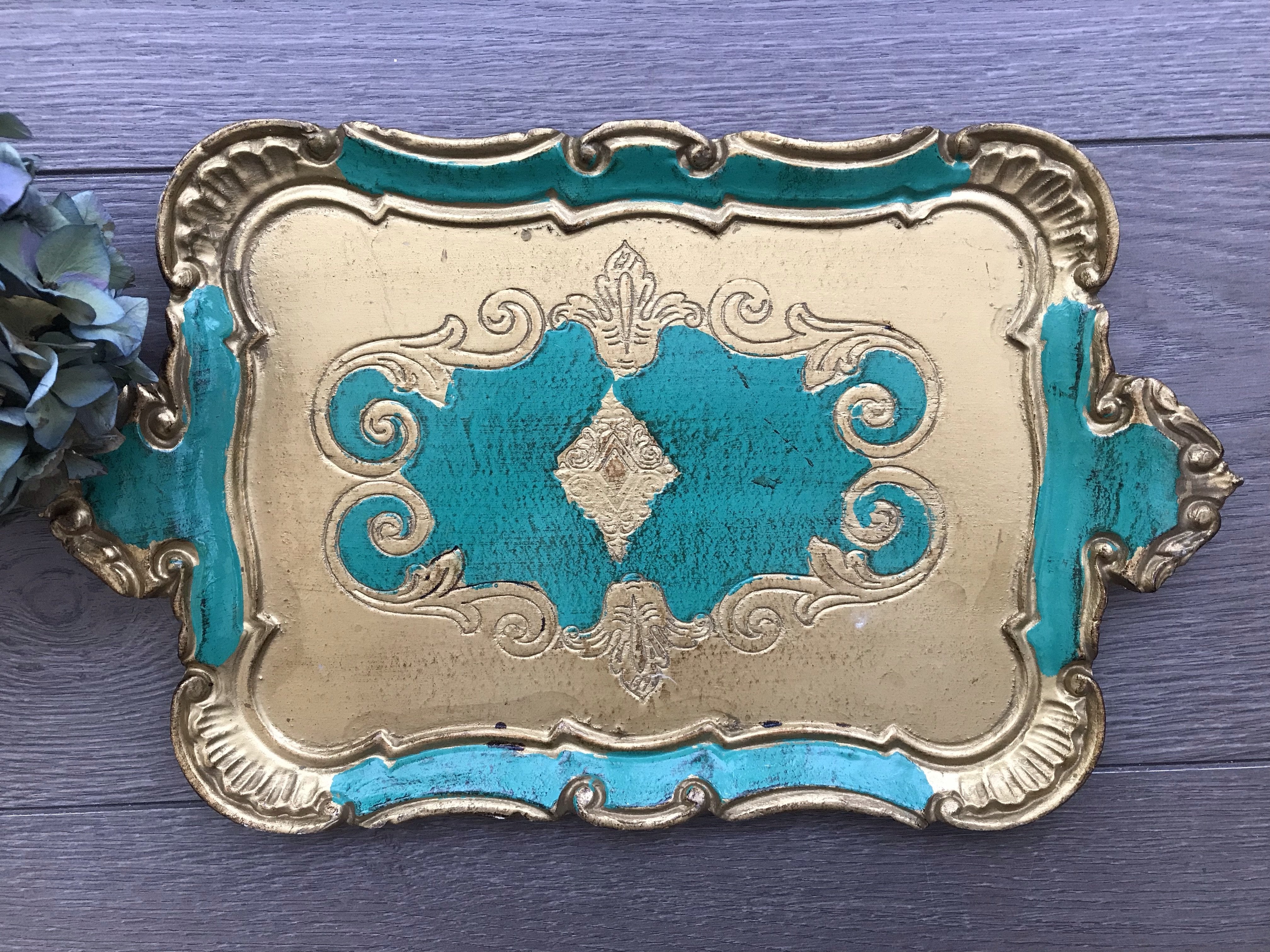 Emerald Green Florentine Vintage Gilt Tray