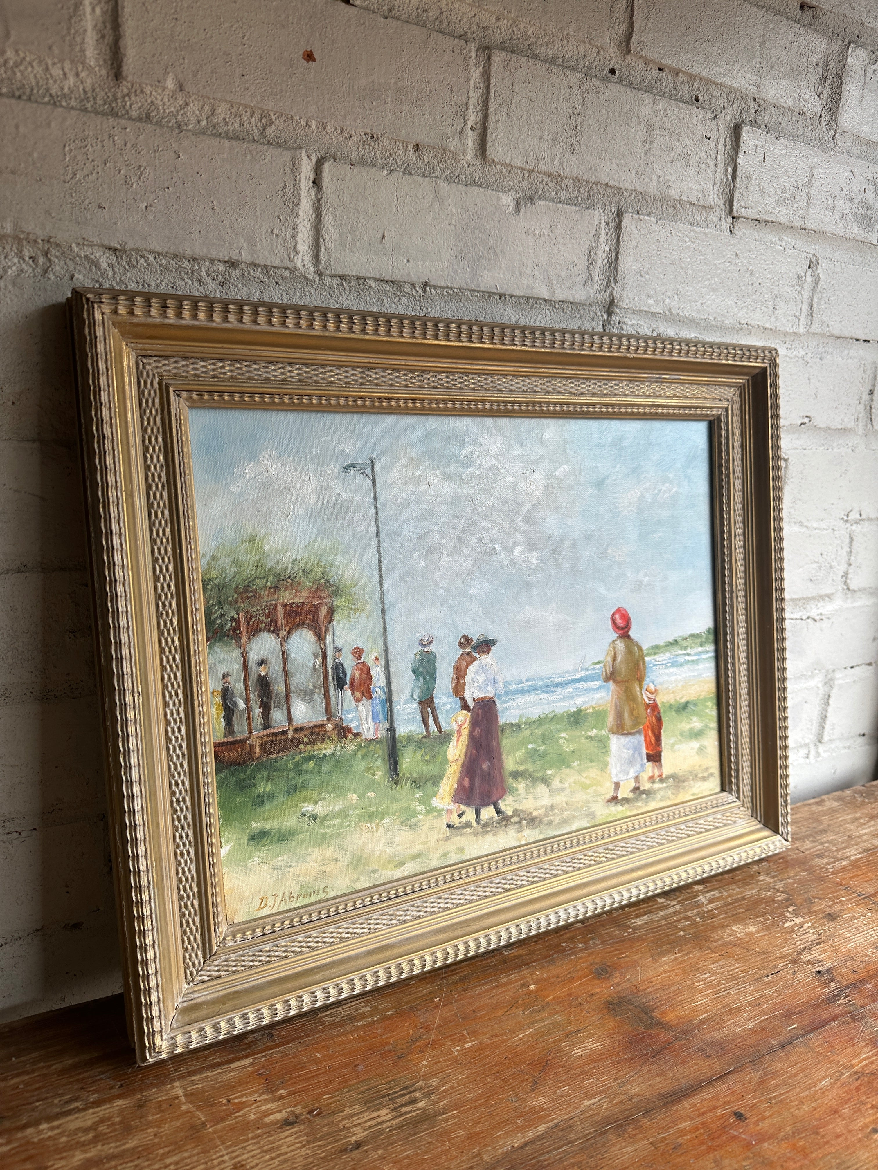 Edwardian Lakeside Scene: Vintage Oil on Board