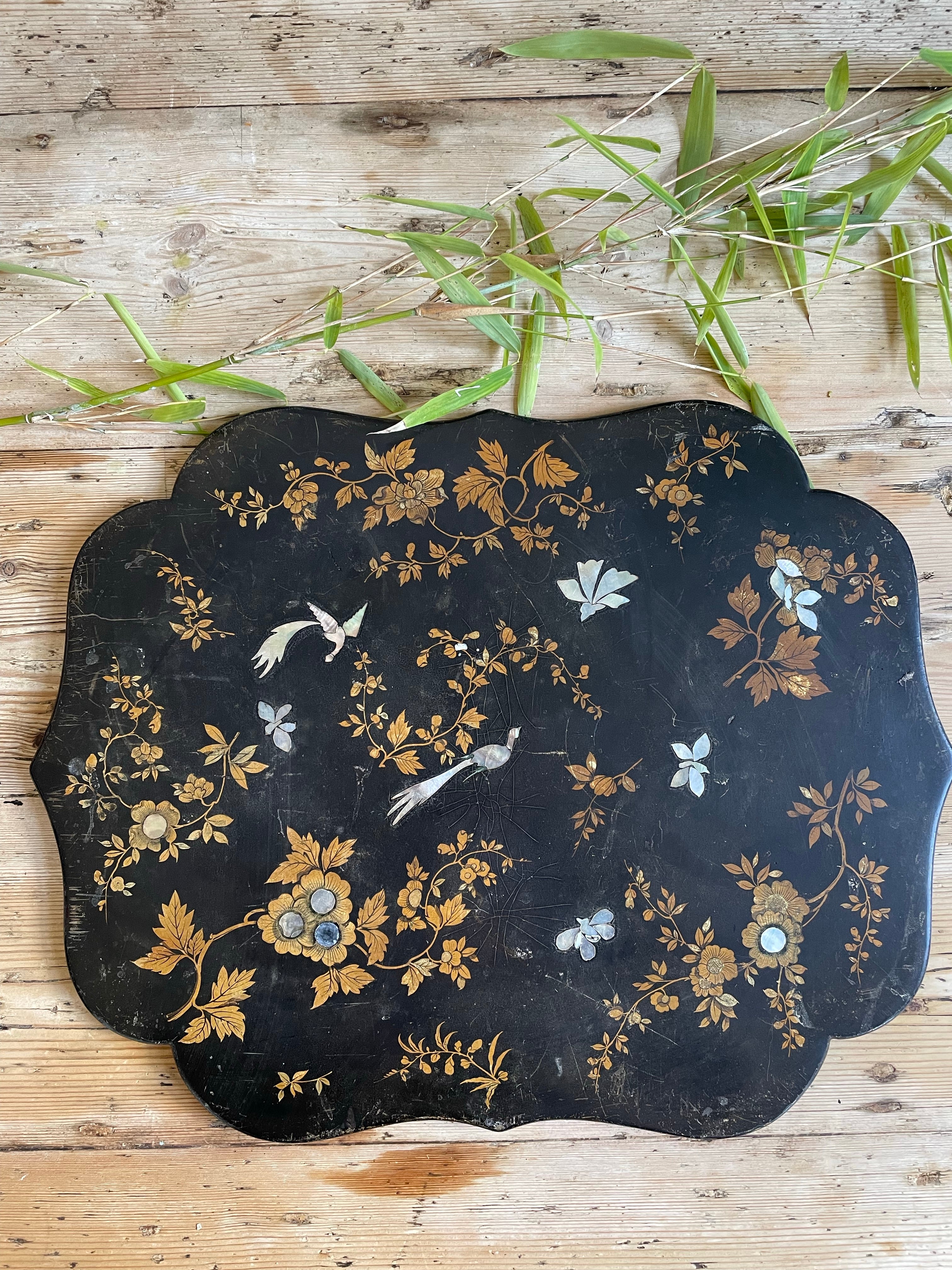 Antique Chinoiserie Panel with Mother of Pearl birds and gold leaf foliage