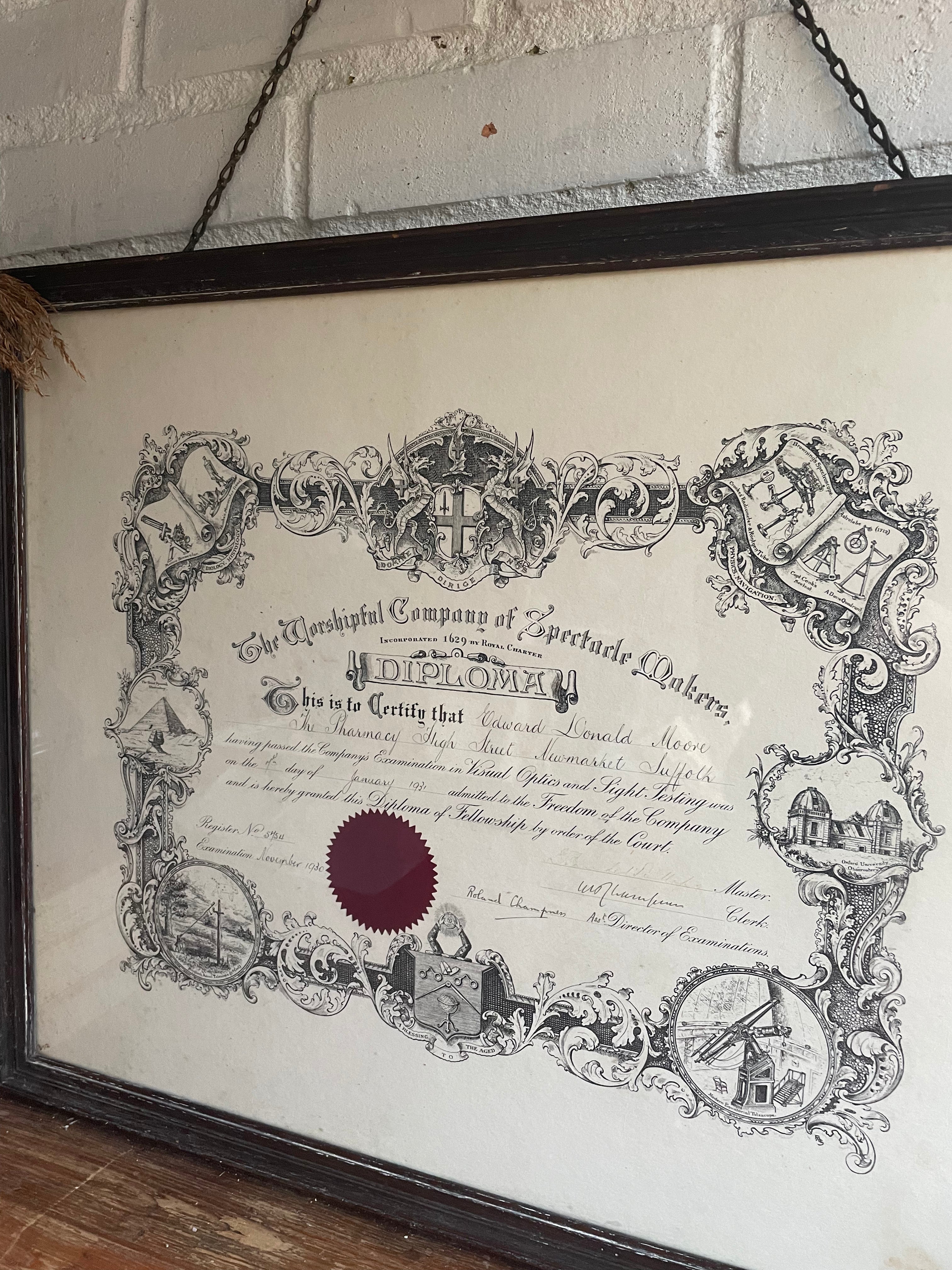 Large Framed 1930s Diploma from “The Worshipful Company of Spectacle Makers”