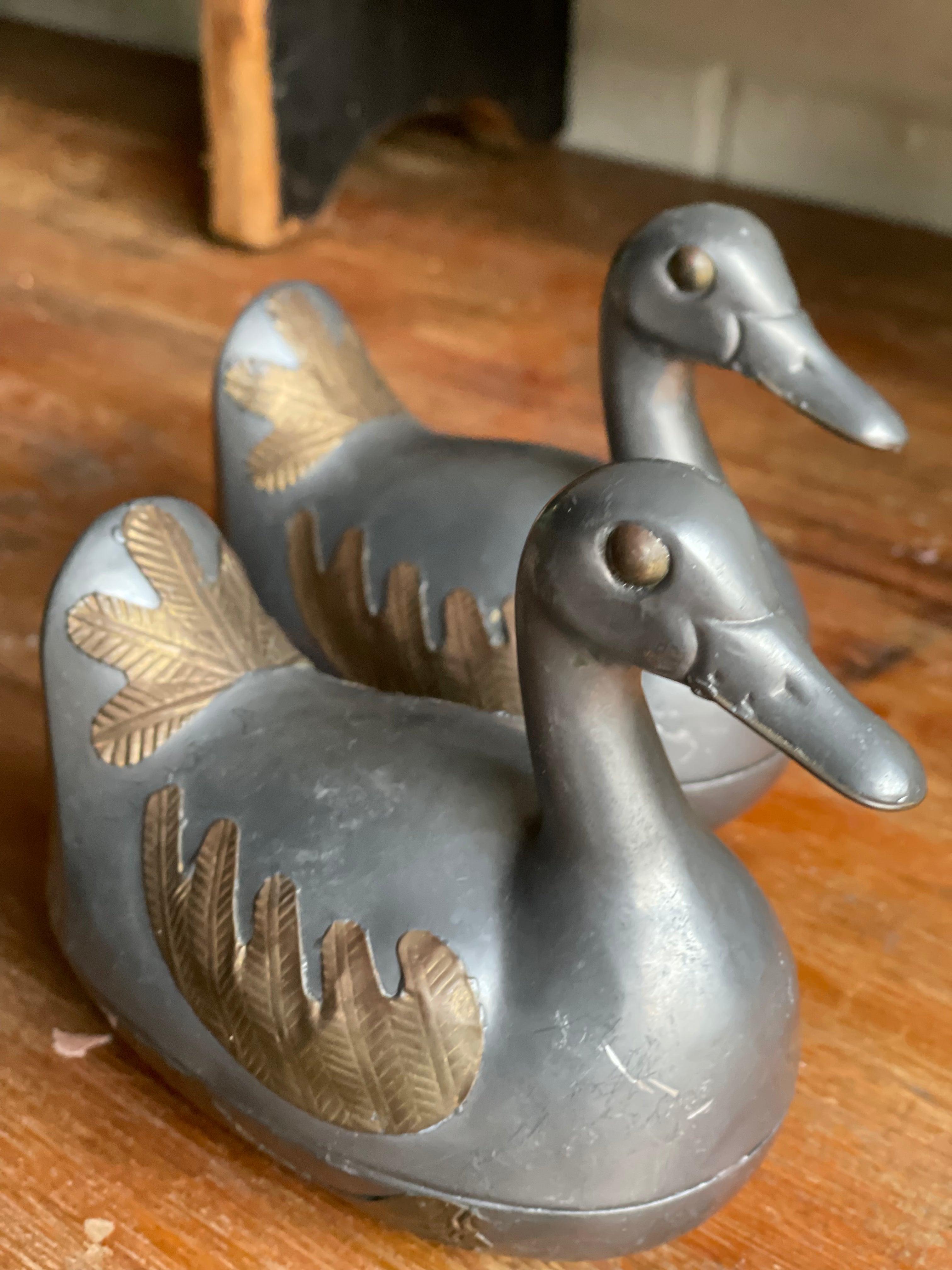 Set of Four Vintage Pewter and Brass Ducks