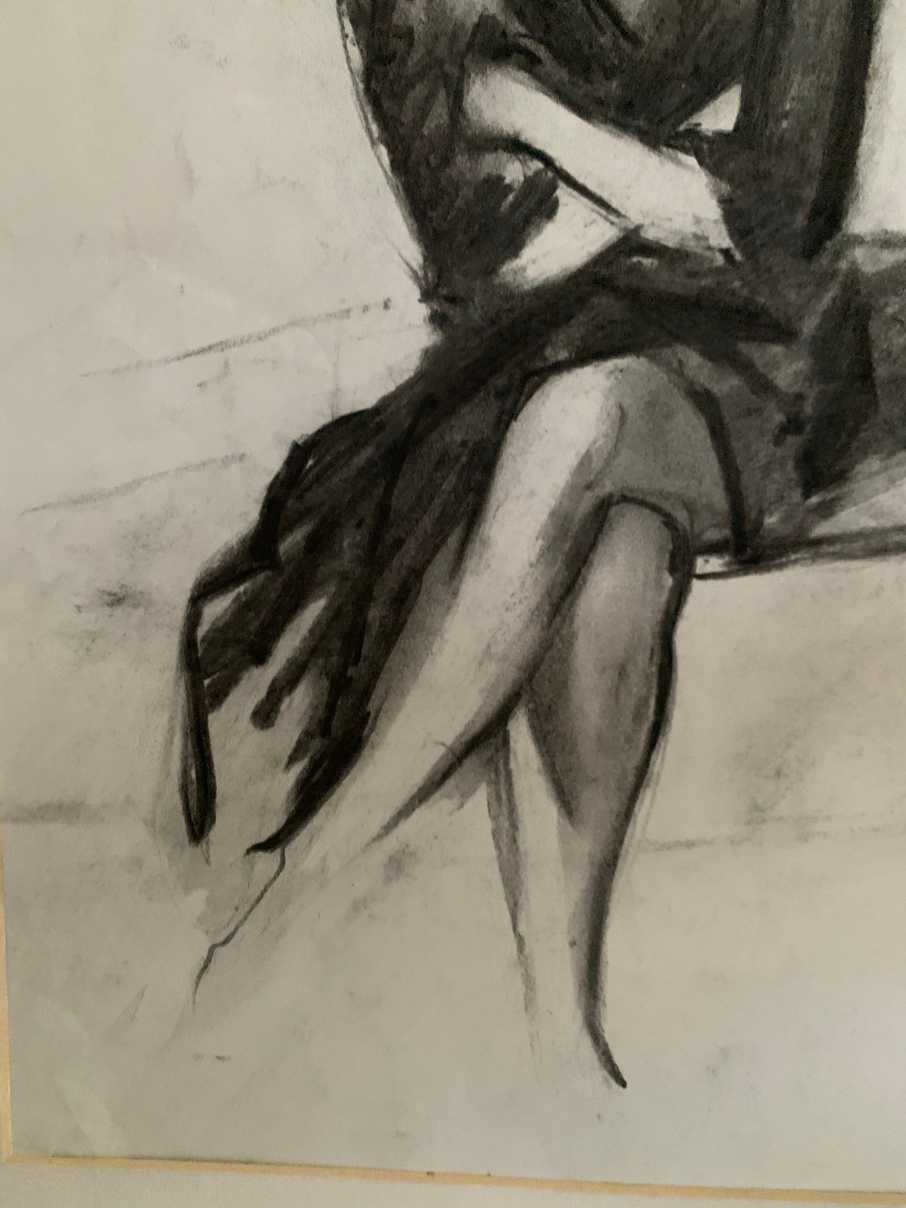 Original Charcoal Portrait - Woman with crossed arms & legs