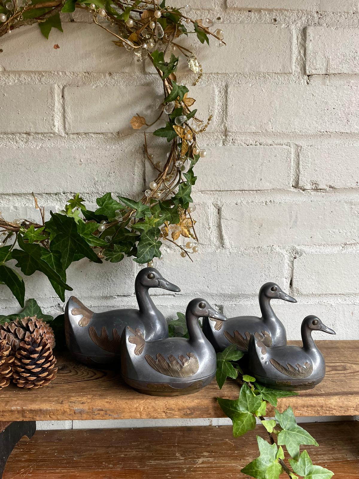 Set of Four Vintage Pewter and Brass Ducks