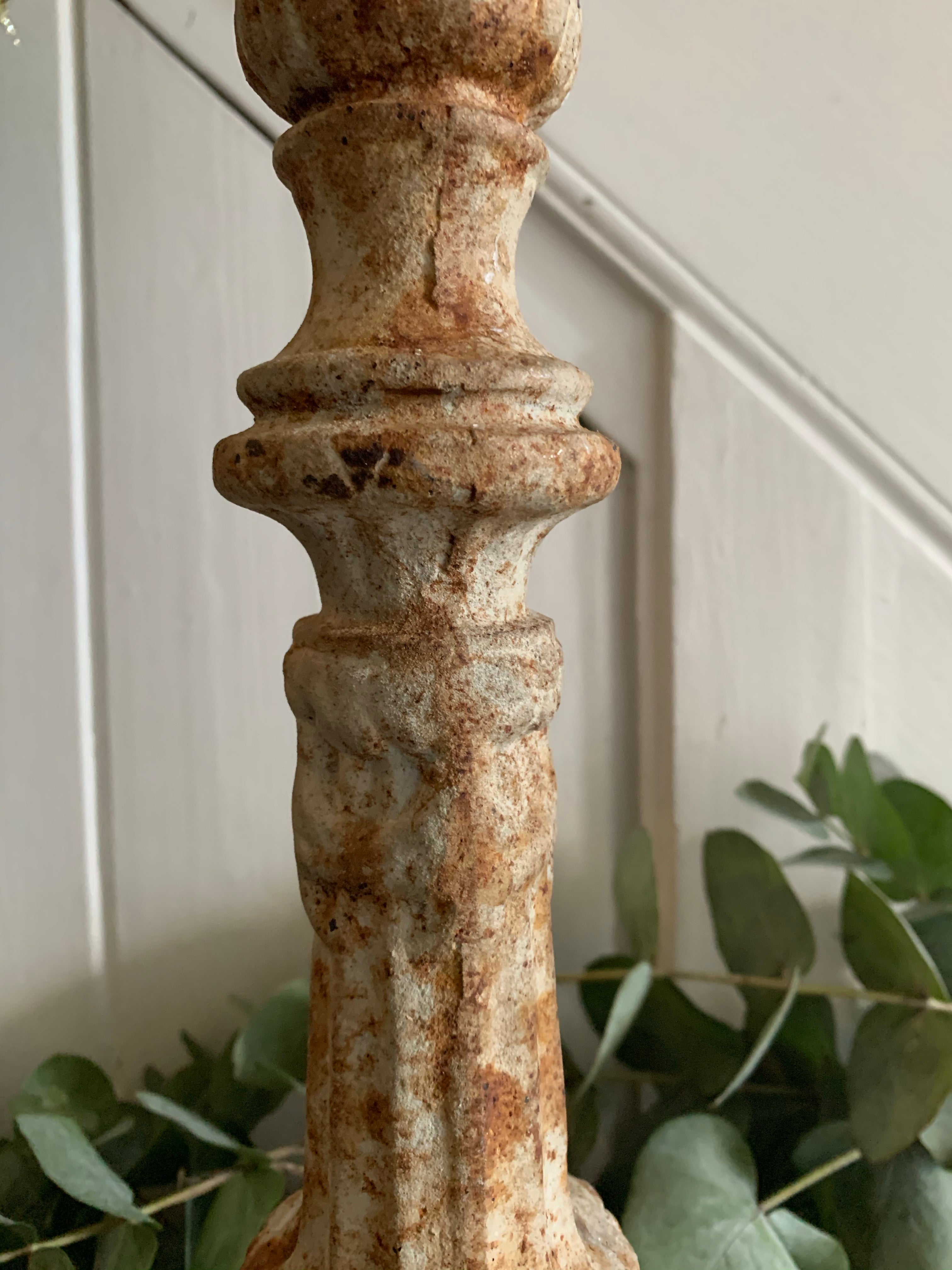 Large Rustic Cast Iron Candleholder  - Brown & Cream