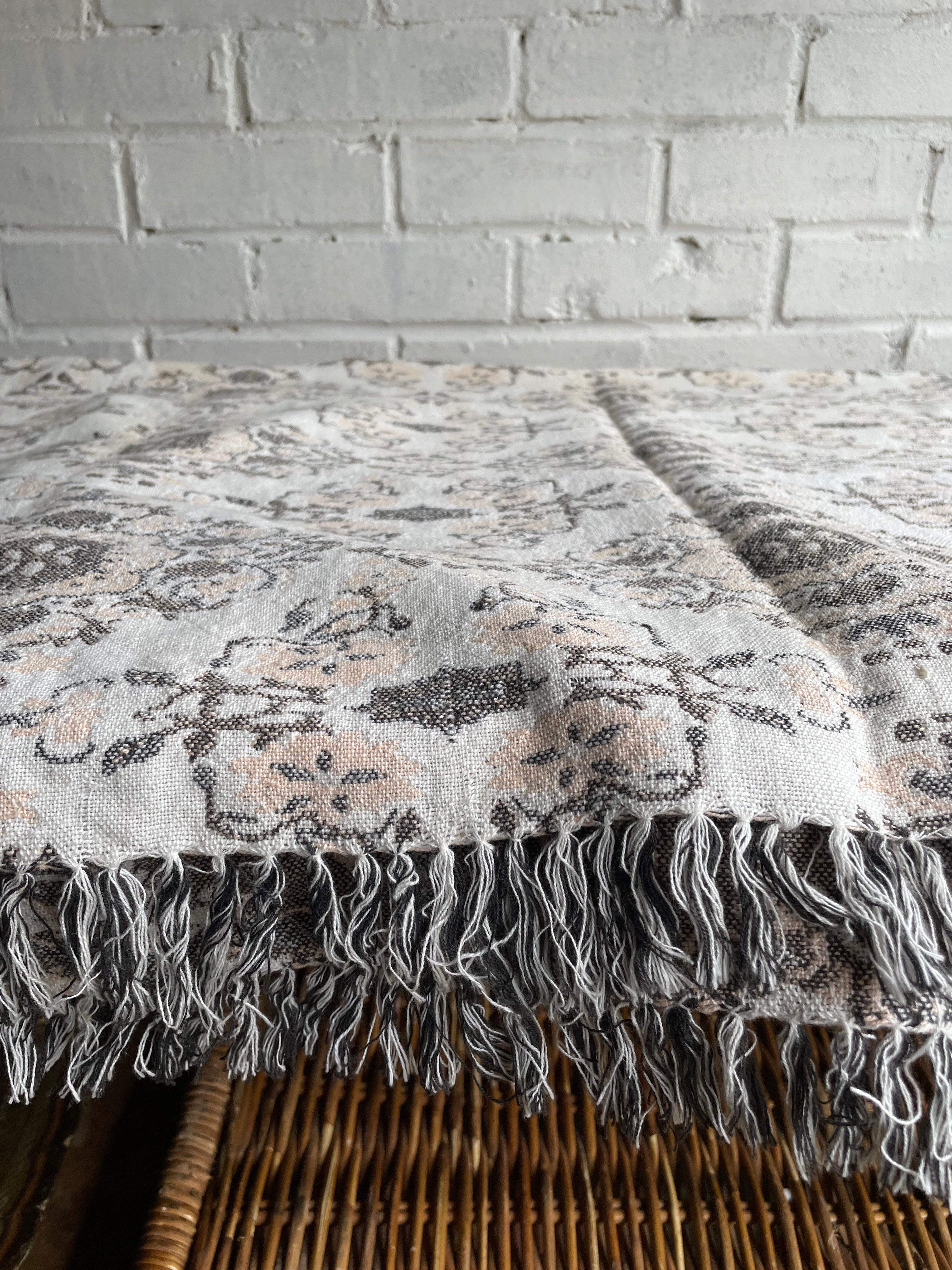 Coral Pink and Grey Embroidered Throw with Fringing
