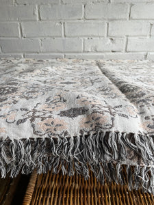 Coral Pink and Grey Embroidered Throw with Fringing