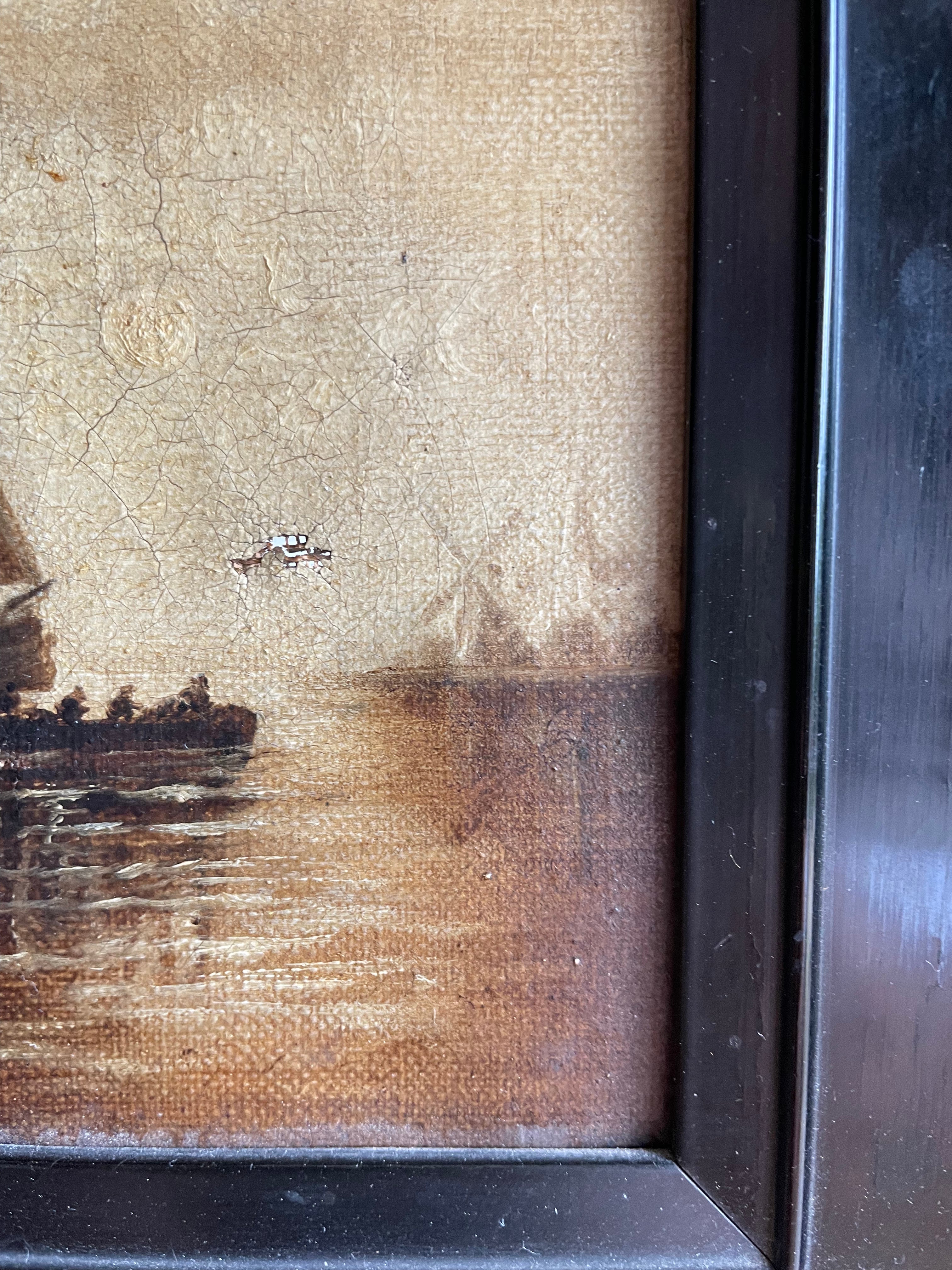 Antique Dutch Oil Painting with Sailing Boat
