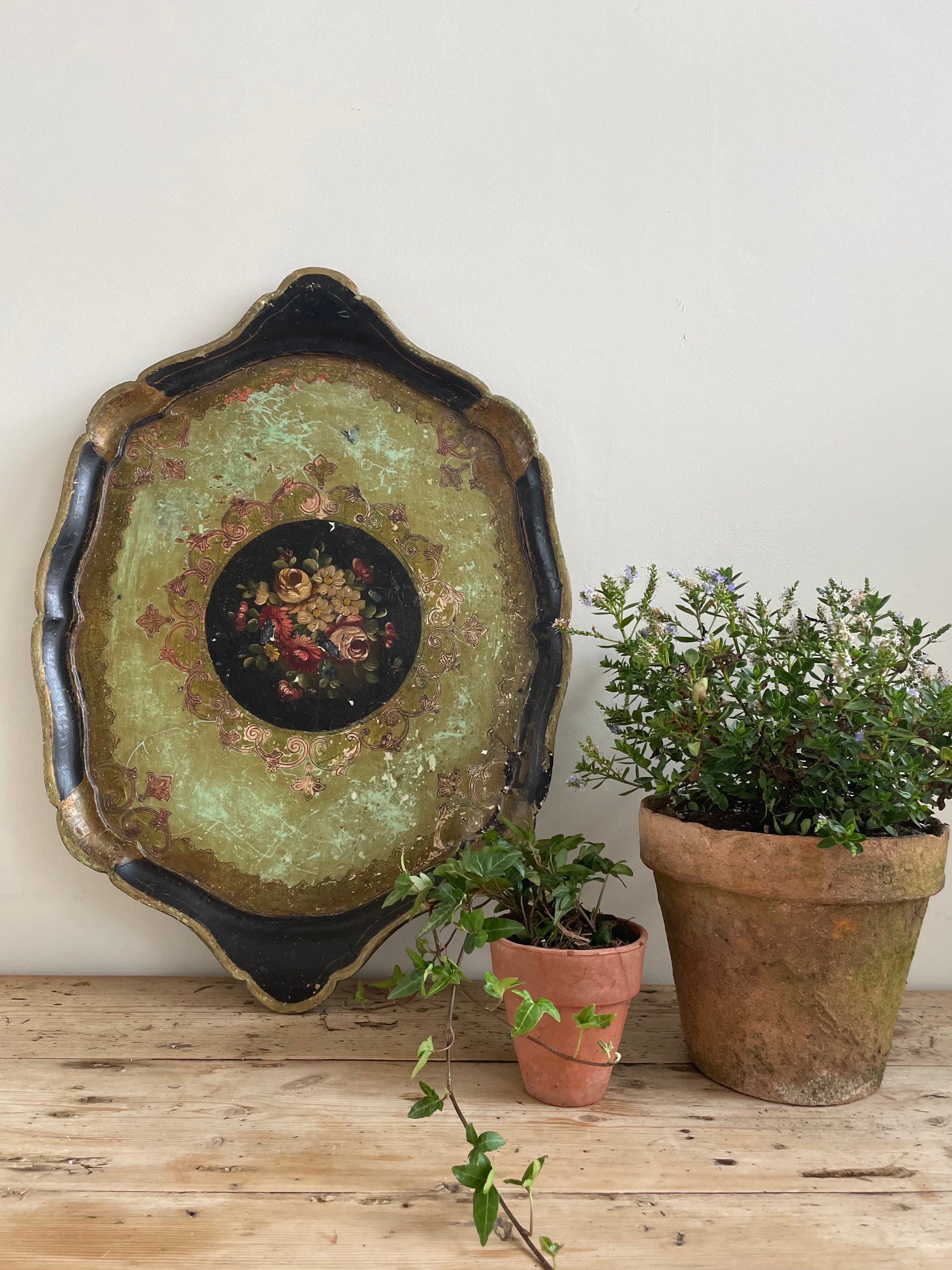 Florentine Tray with black and green florals