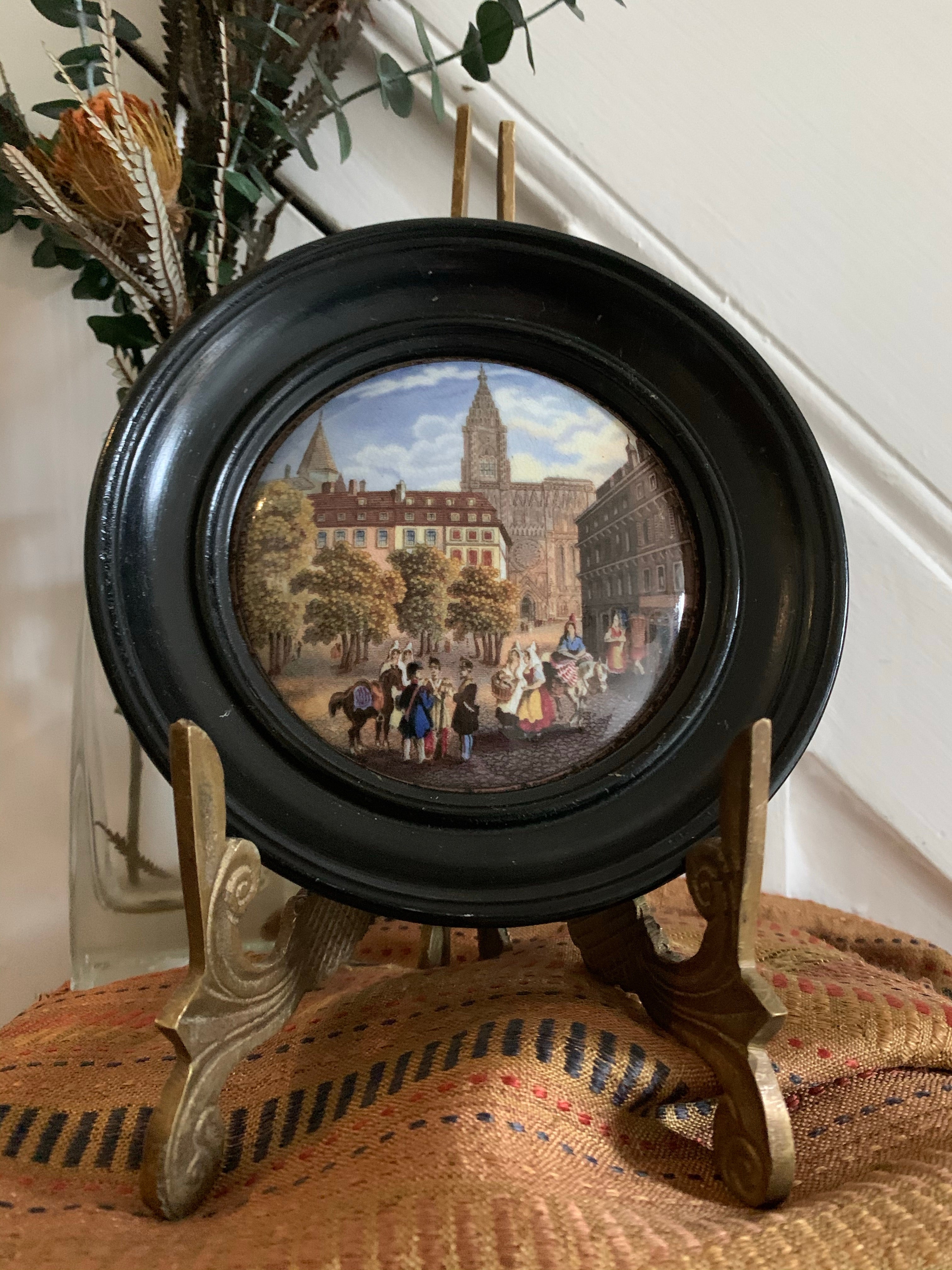 Miniature Framed Convex Porcelain of a Town Sqaure