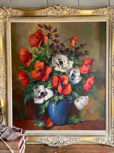 Large Floral Oil With Decorative Frame