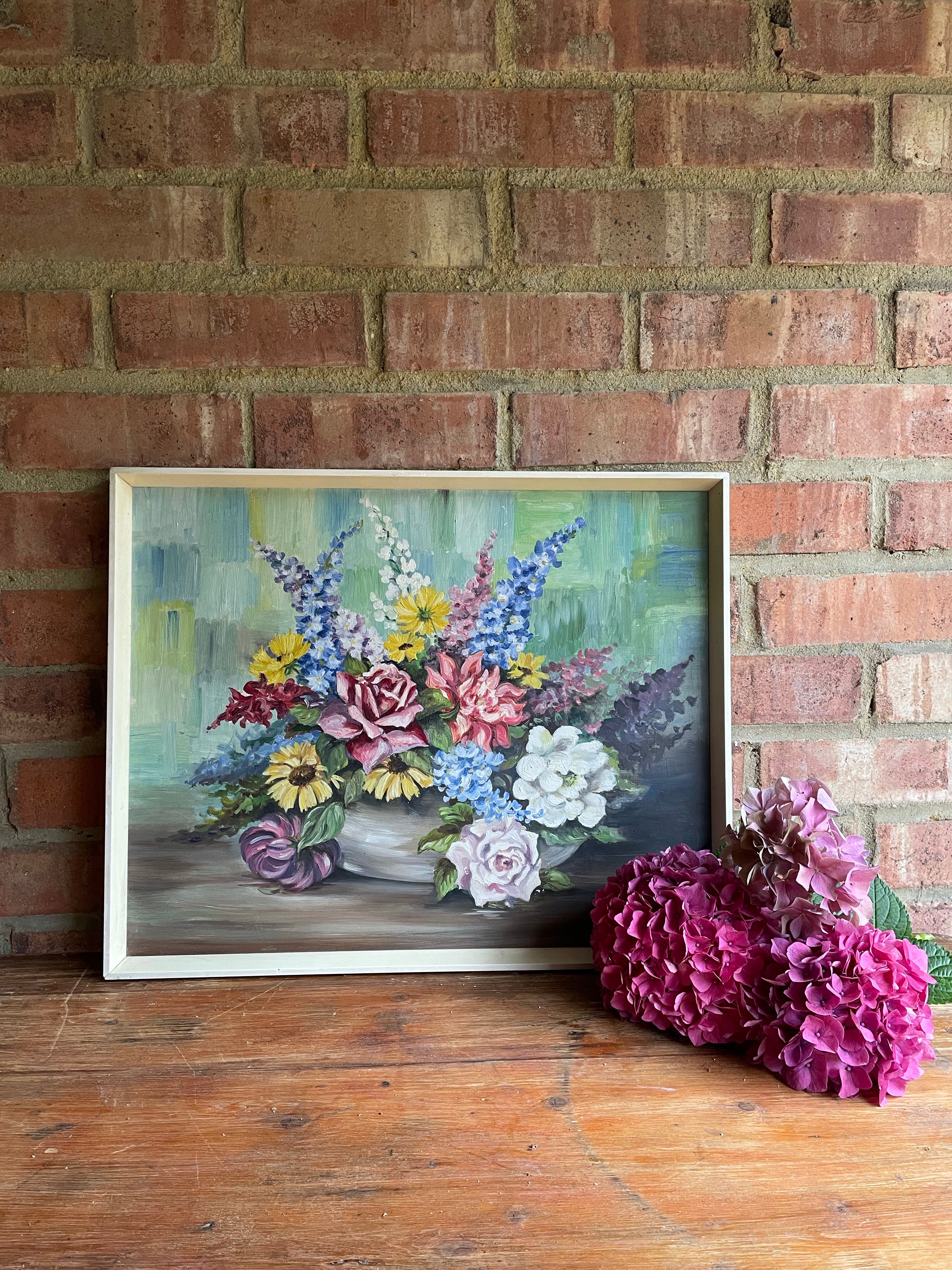 Mid Century Floral Oil on Board with Cream Wood Frame