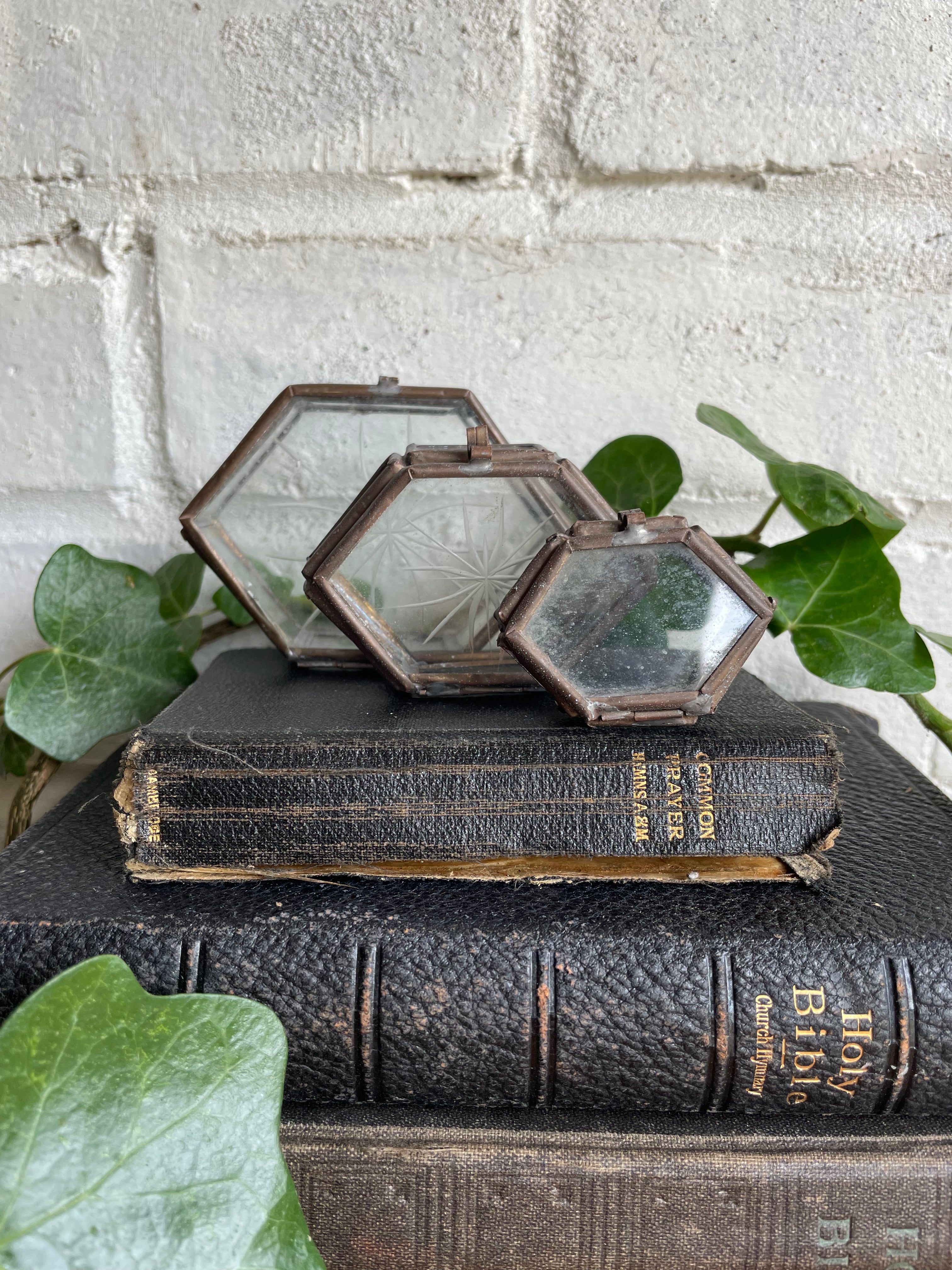 Trio of Tiny Stacking/Nesting Glass & Metal Trinket Boxes