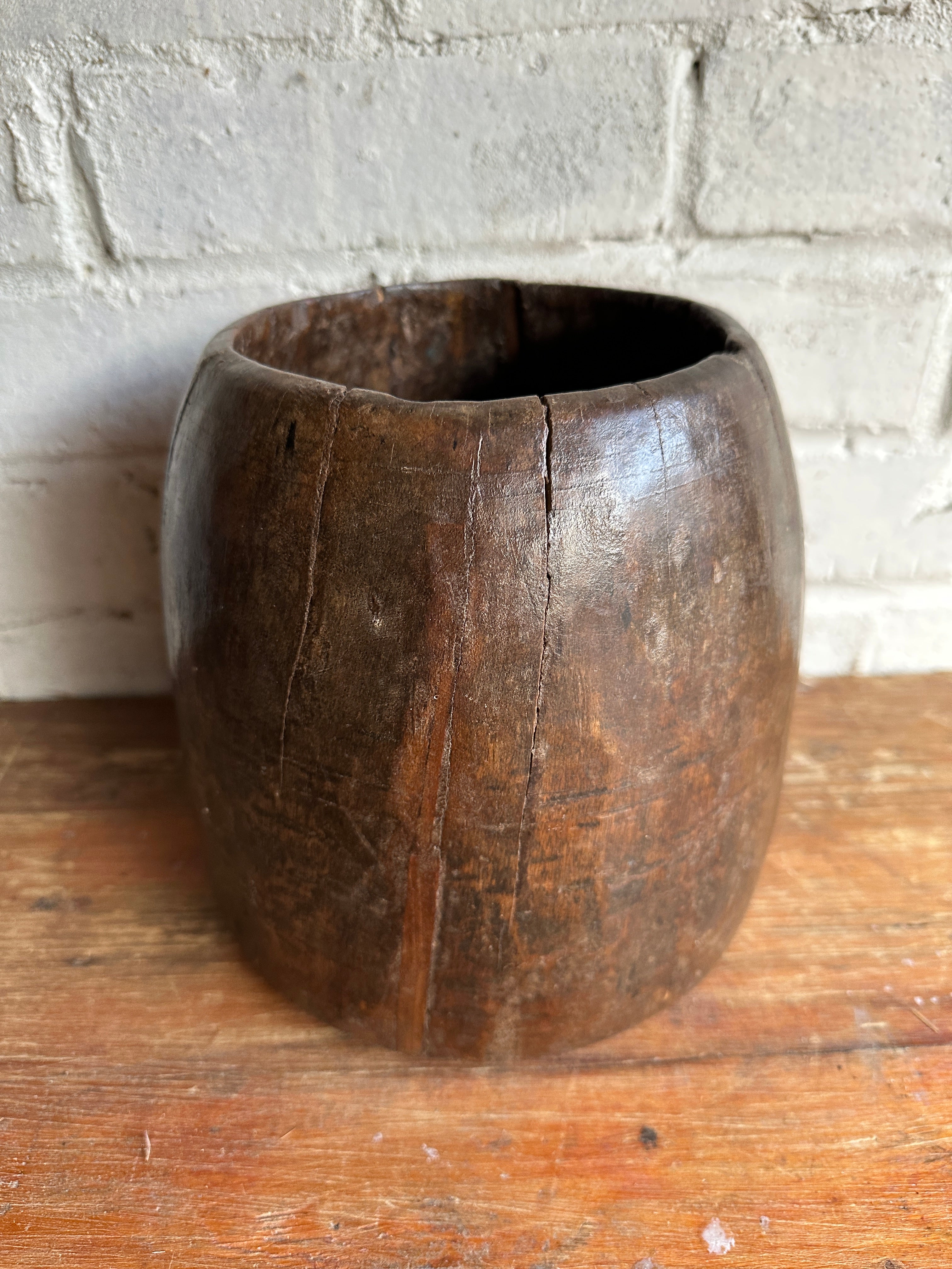 19th Century Indian Hand-Carved Wood Grain Measure Pot