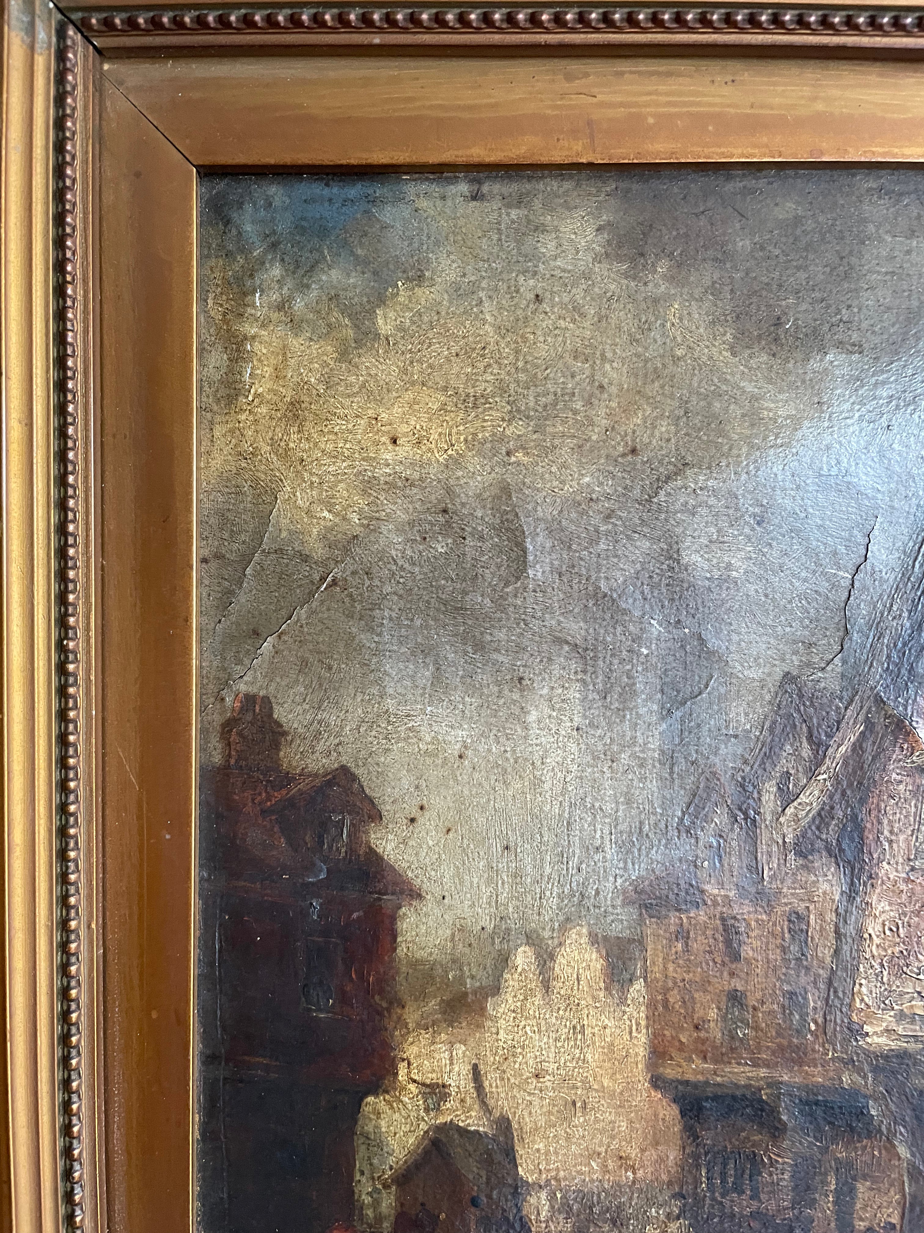 Village Scene: Antique Oil on Leather