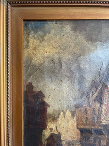 Village Scene: Antique Oil on Leather