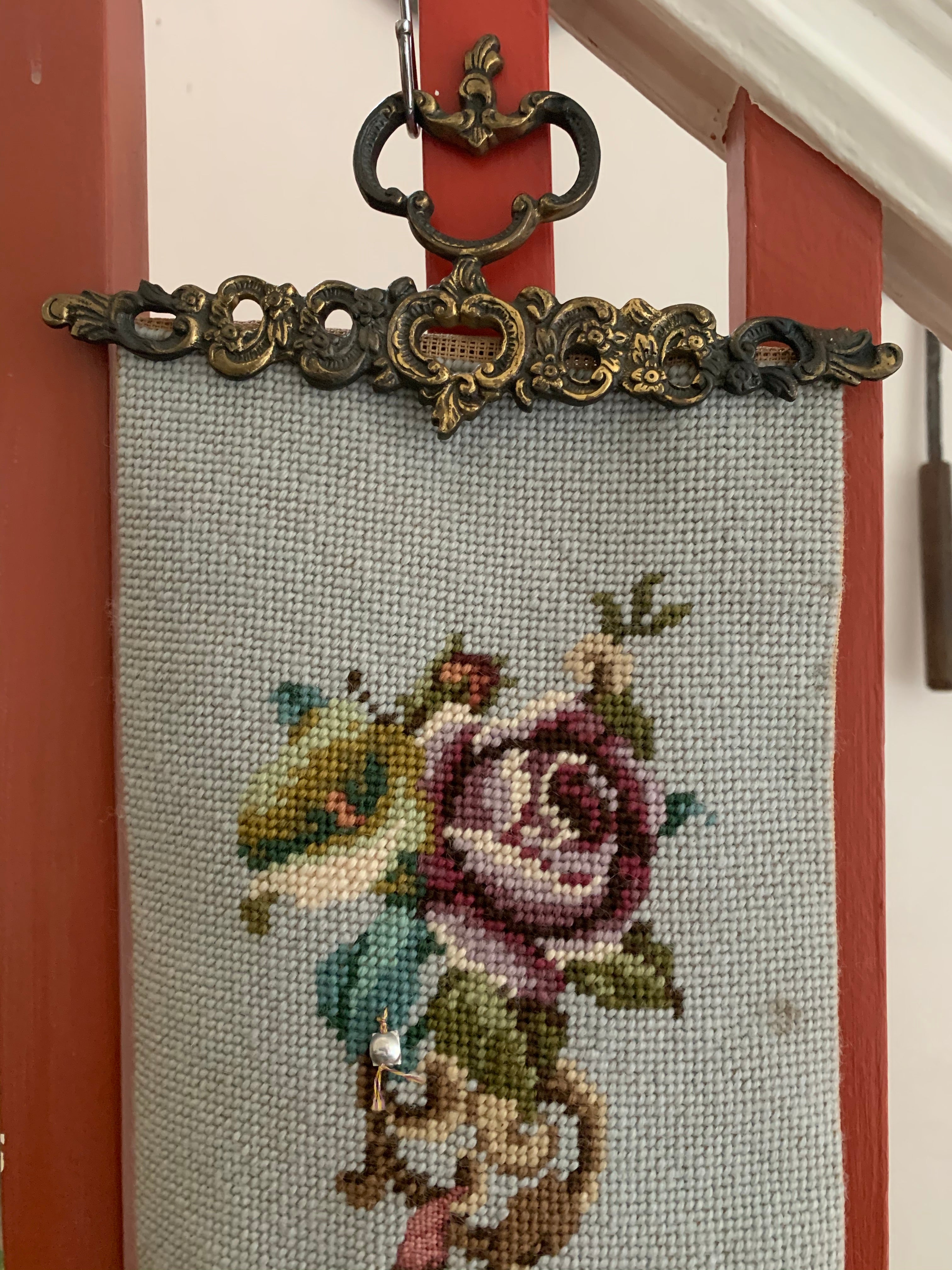 Tapestry Wall Hanging of Birds & Flowers with Decorative Gilt Ends