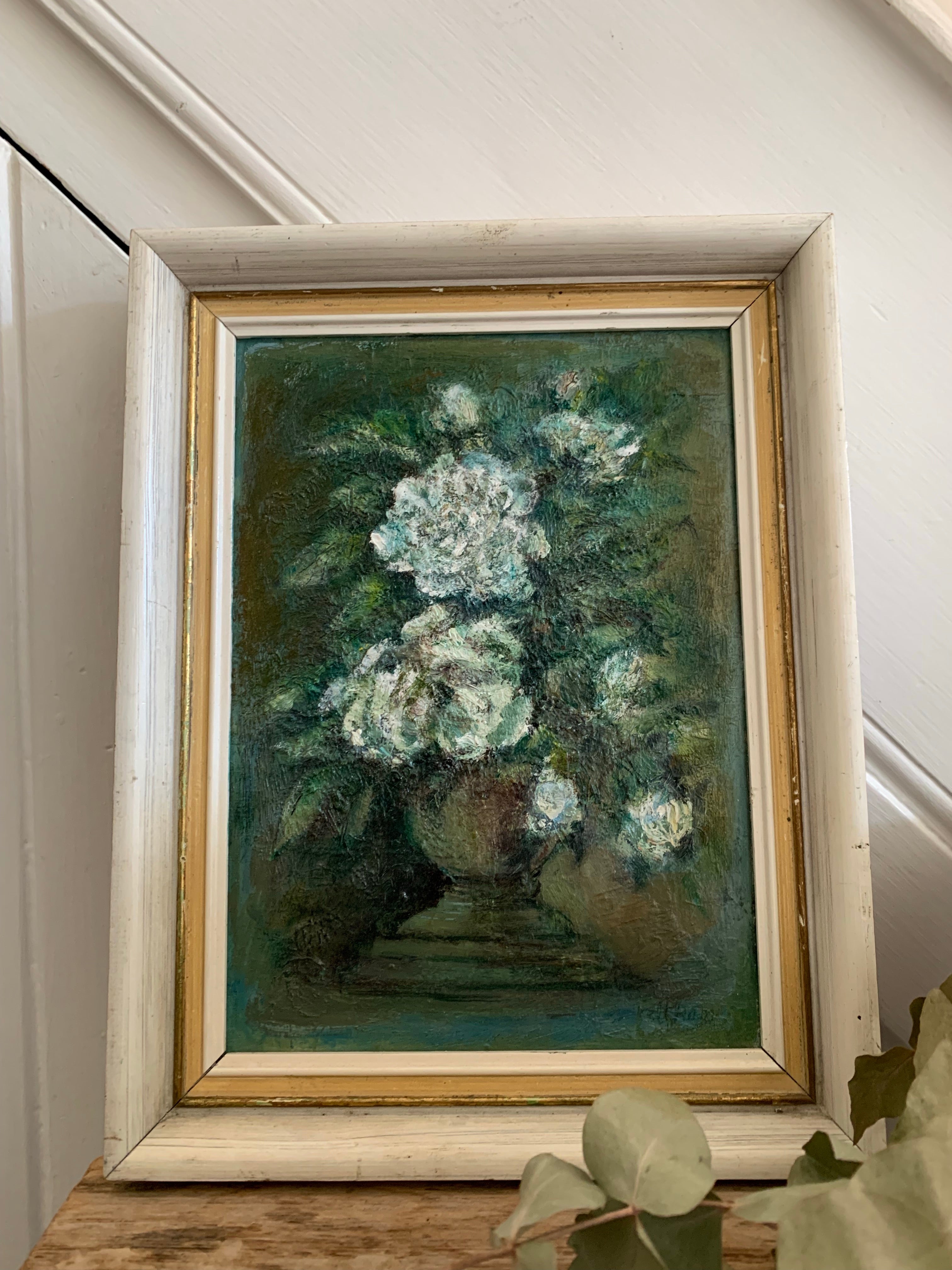 Small Vintage Floral Oil  in shades of green