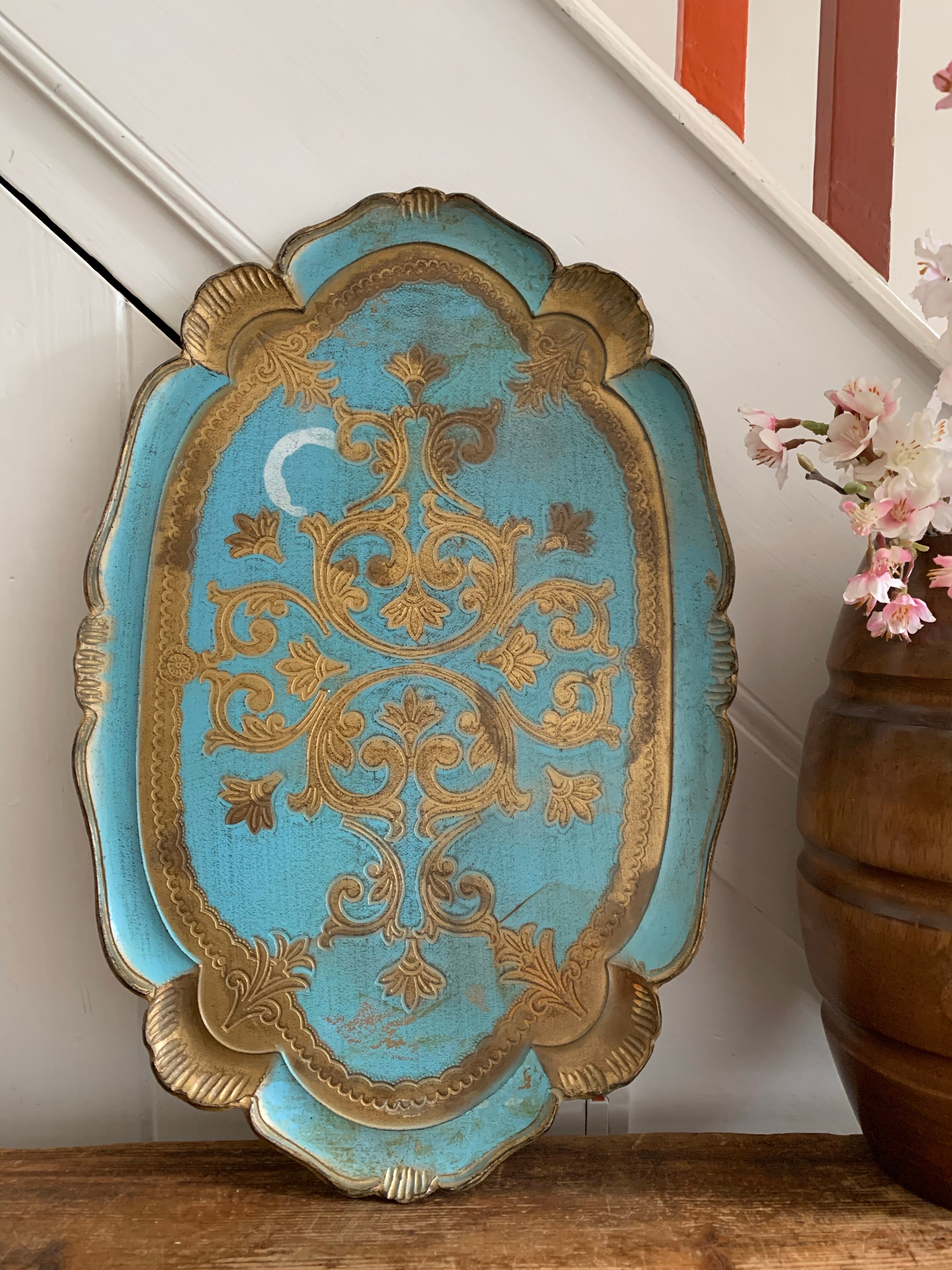 Blue Florentine Vintage Wood Gilt Tray