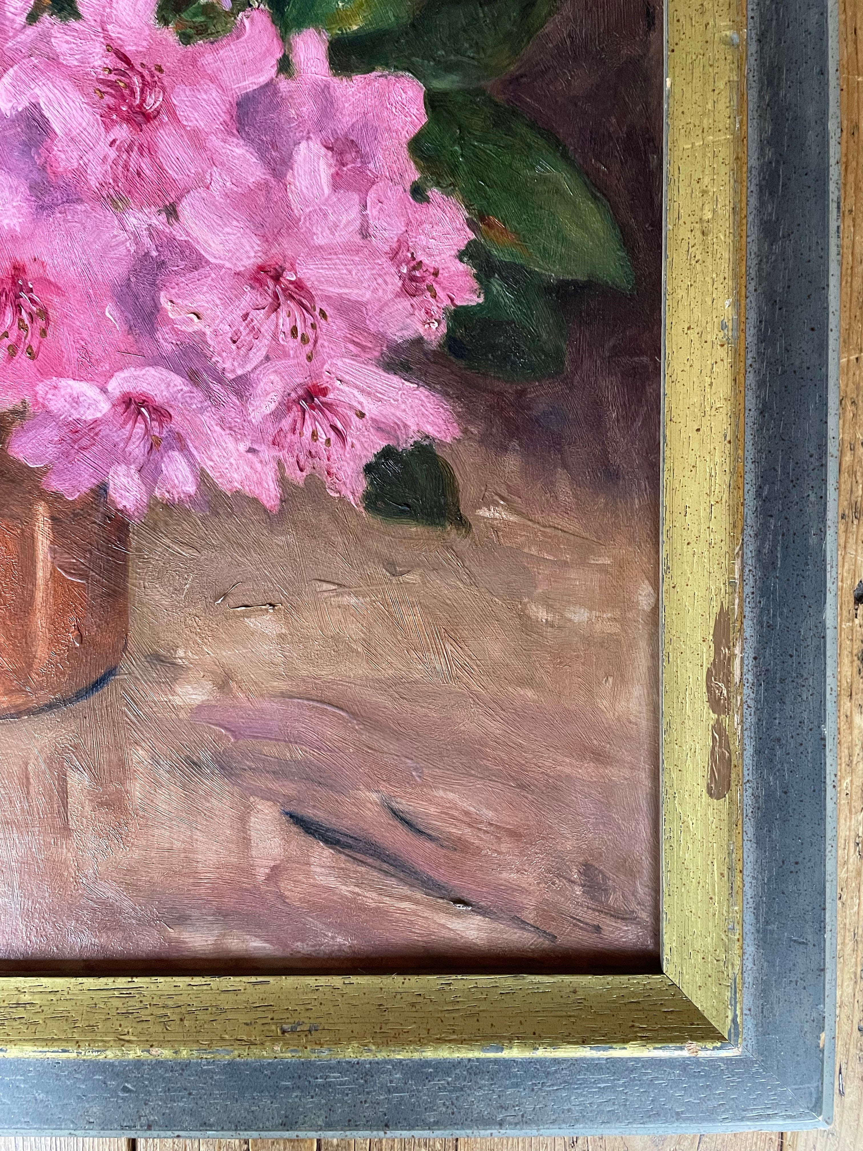 Pink Rhododendrons: Signed Oil on Board