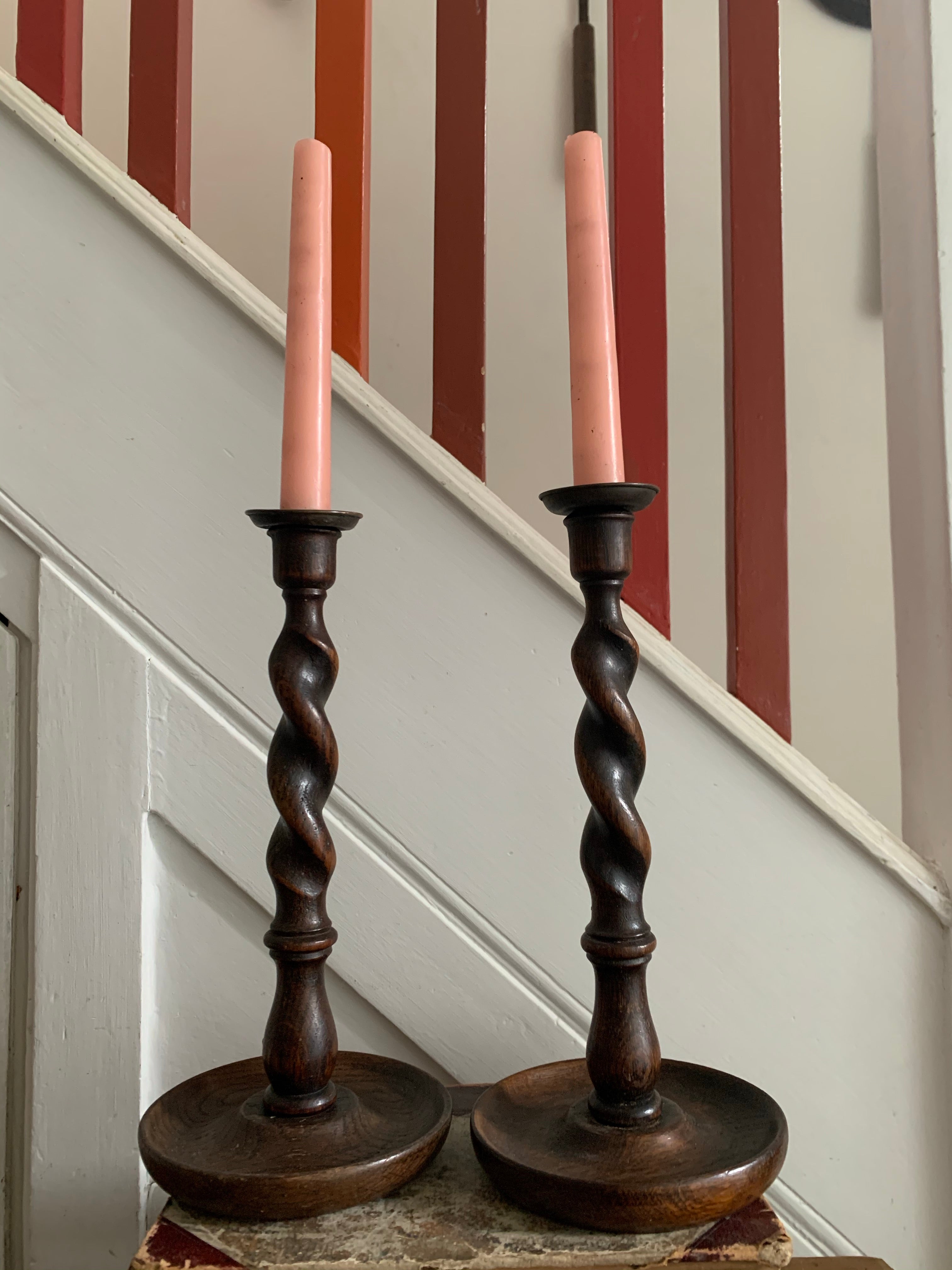 Antique “Barley Twist” Wooden Candlesticks