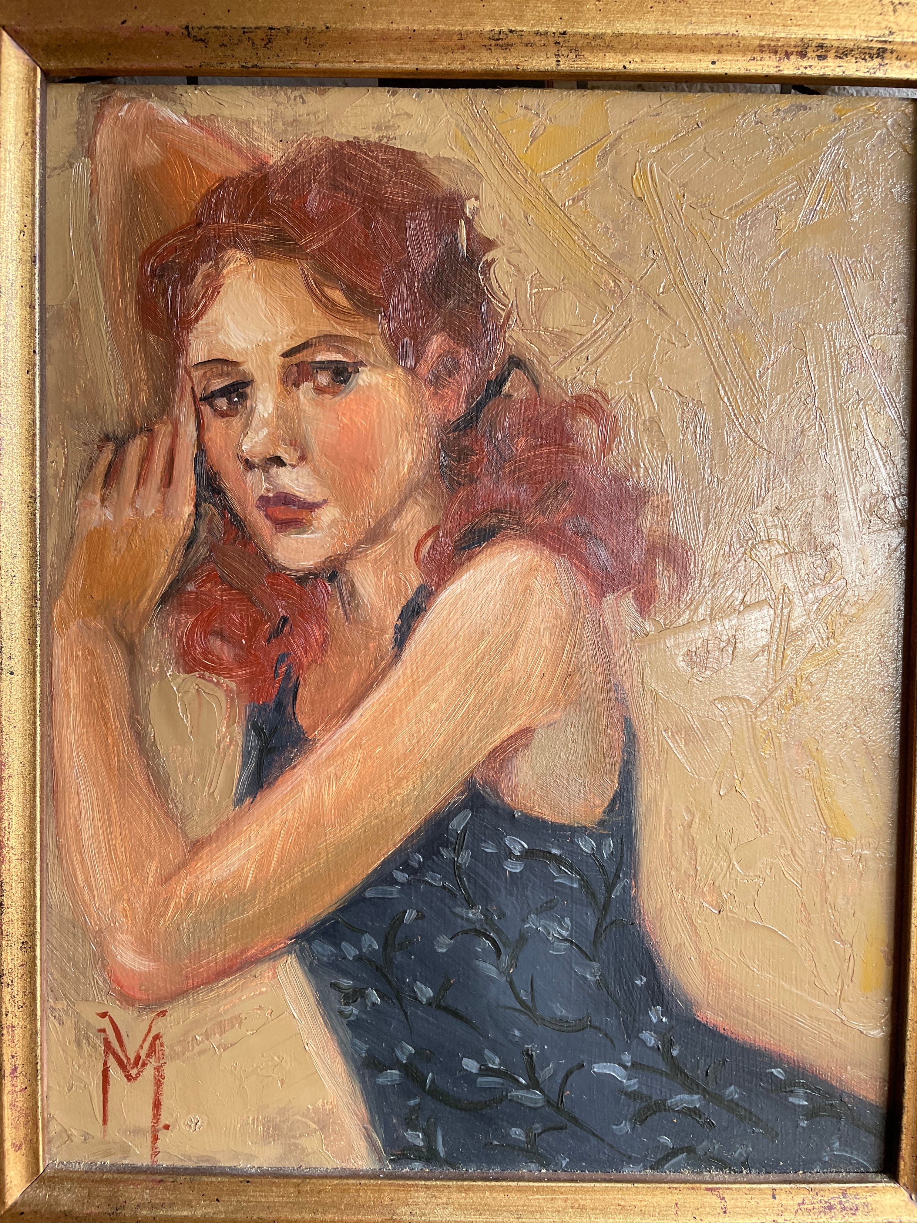 Lady with Red Hair: Midcentury Framed Oil on Board