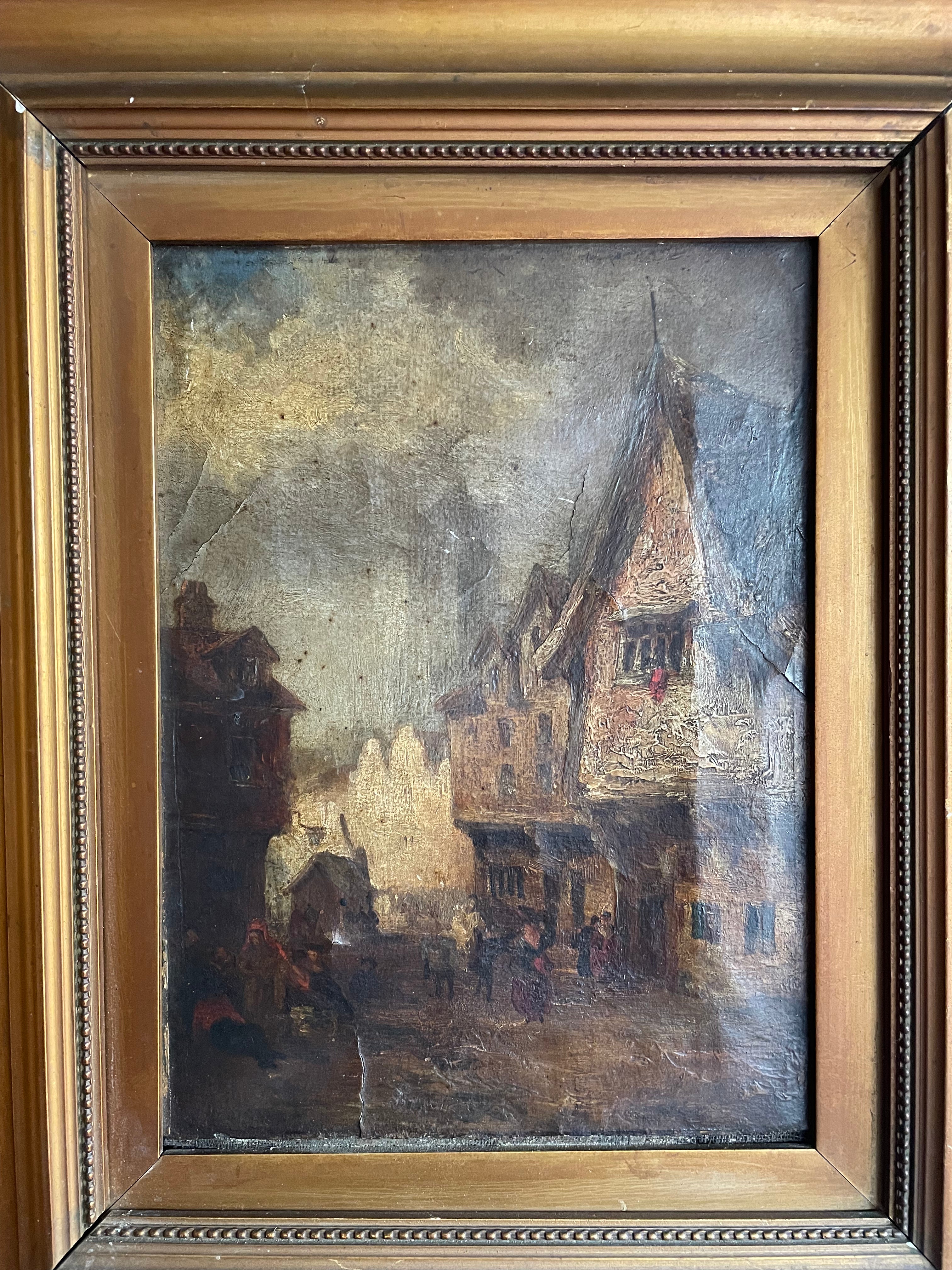 Village Scene: Antique Oil on Leather