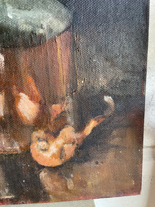 Moody Still Life with Copper Pot: Small Oil on Board
