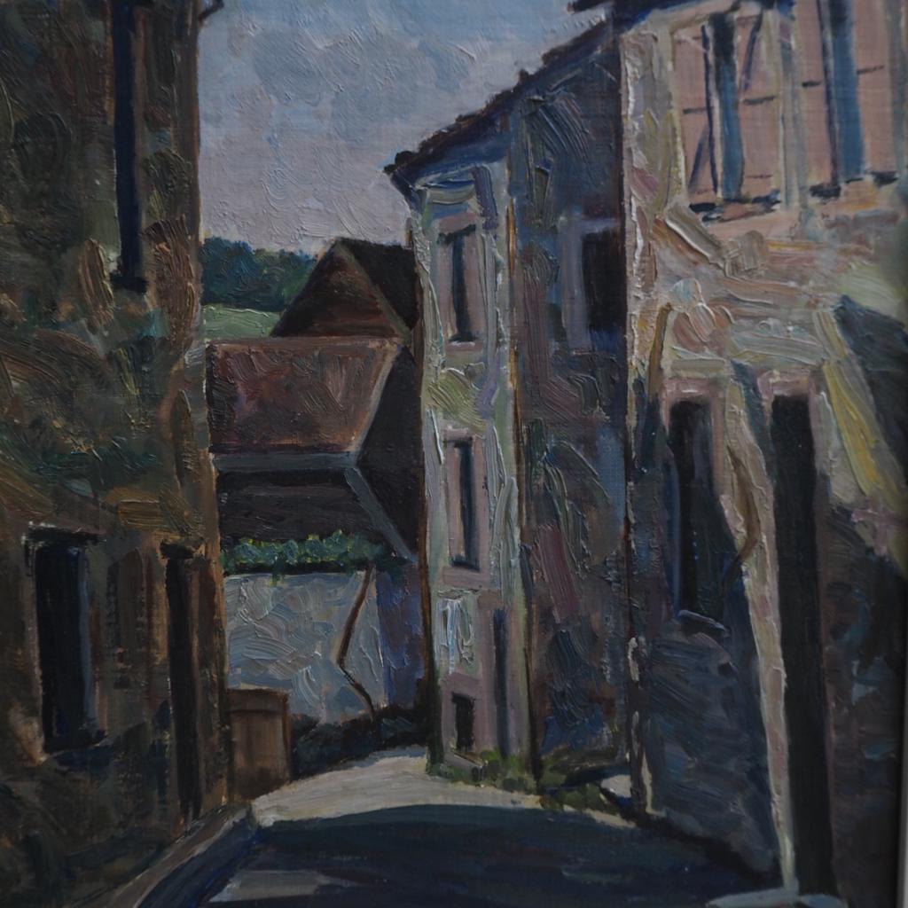 Midcentury Abstract Oil Painting: A Glimpse of a Village